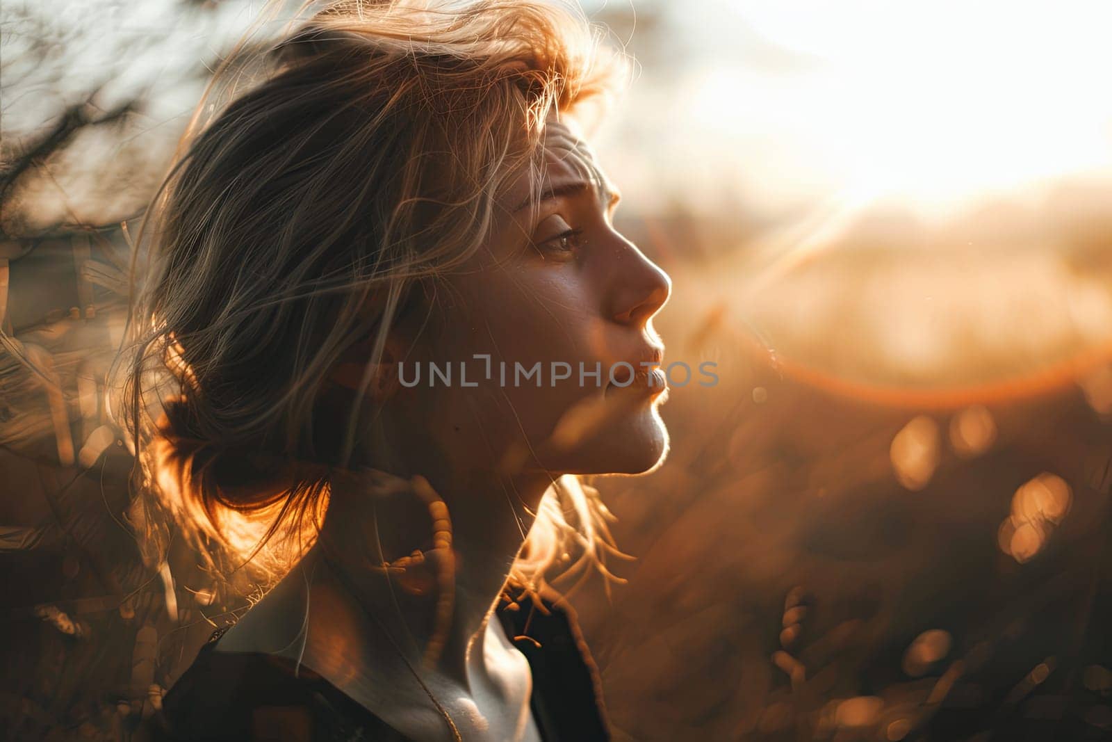 A woman is standing in a field, her hair blowing in the wind. The vast expanse of the field surrounds her as she stands gracefully under the open sky.