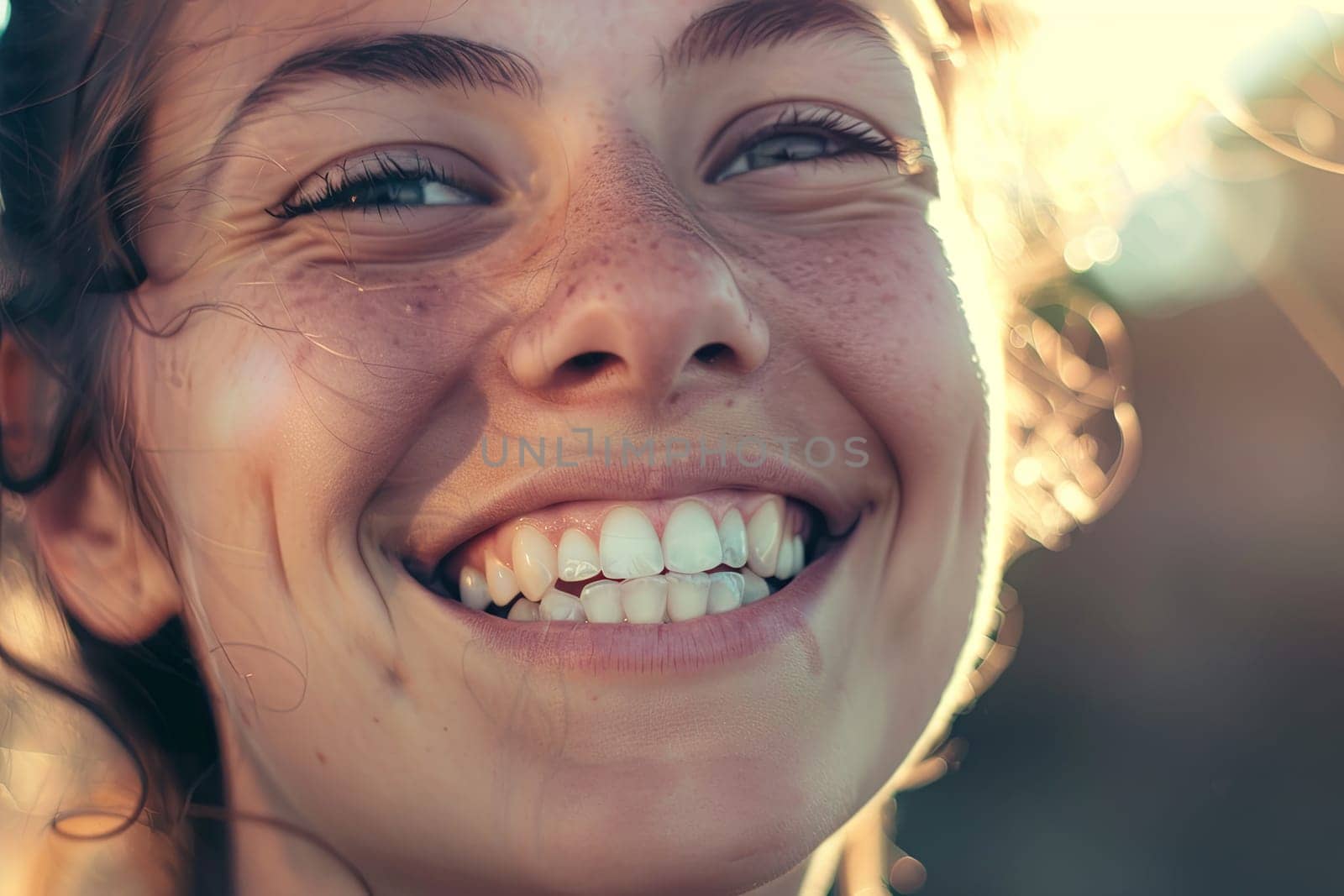 Close-up of a woman smiling while brushing her teeth with a toothbrush in her mouth. The womans facial features are visible, emphasizing her cheerful expression and dental hygiene routine.