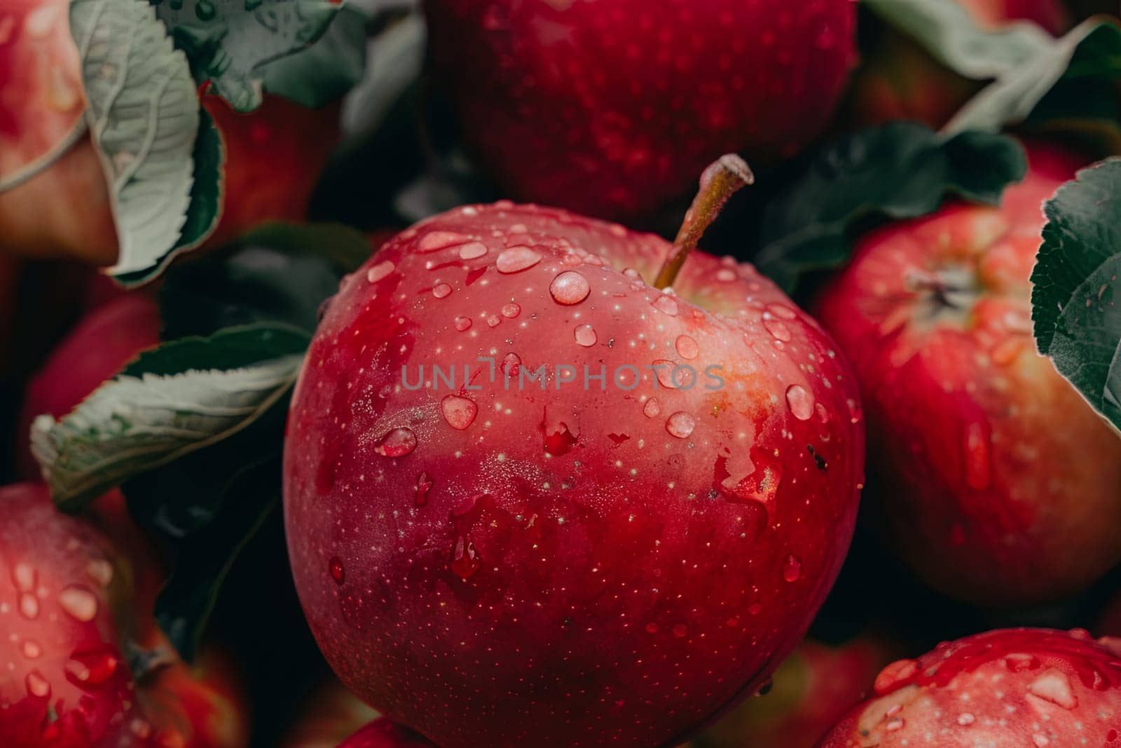 A collection of vibrant red apples stacked in a pile, showcasing water droplets glistening on their shiny skin.