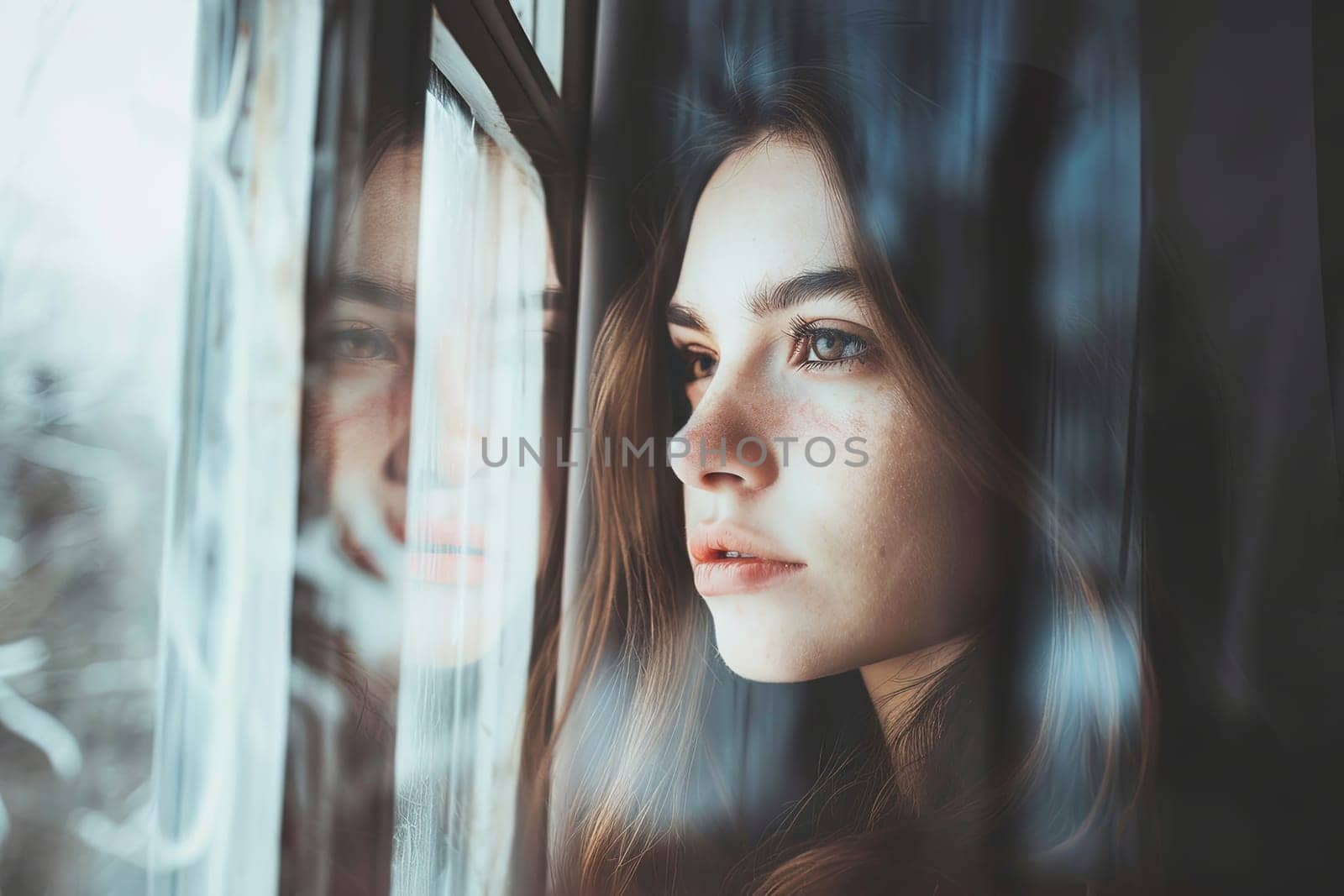 A woman is seen looking out of the window of a moving train, her gaze fixed on the passing scenery. She appears contemplative as she watches buildings, fields, and trees rush by.