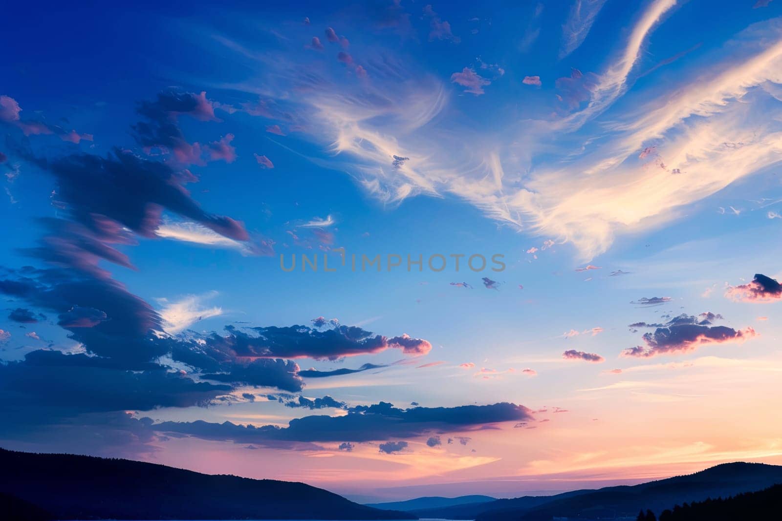 The sun is setting in the sky, casting a warm orange glow over a peaceful lake. Wispy clouds drift lazily in the sky, reflecting the changing colors of the sunset. The combination of water, sky, and clouds creates a serene and beautiful scene.