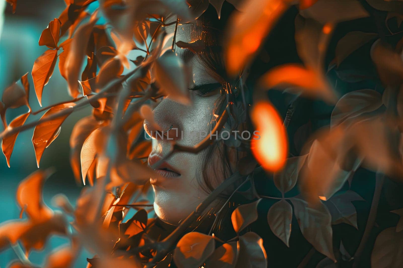 A woman stands in front of a tree with her eyes closed. She appears lost in thought or focusing on something intently. The tree is tall and leafy in the background.