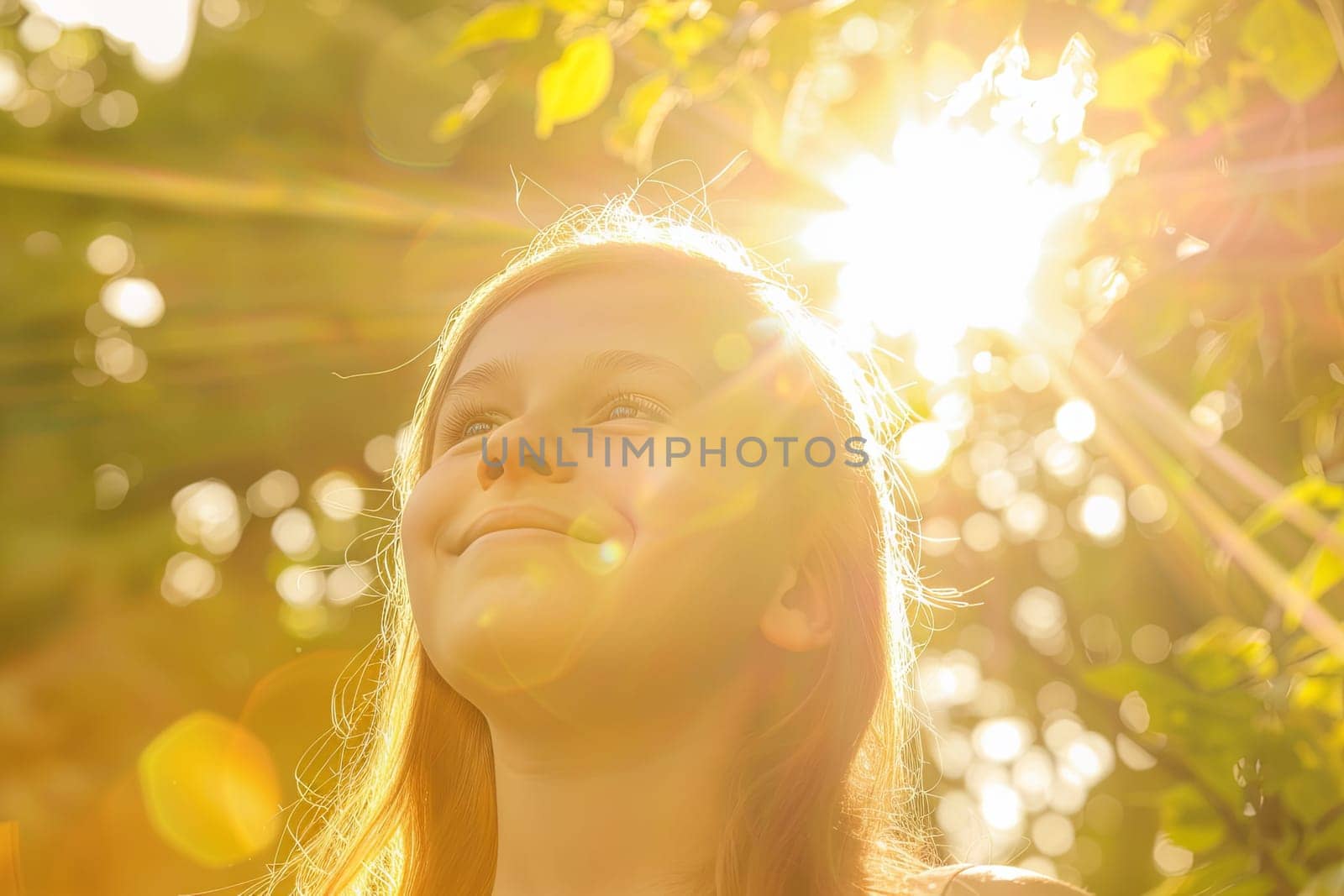 A young girl stands with her head tilted back, gazing up at the bright sun shining down on her. Her eyes squint slightly as she takes in the warm rays above.