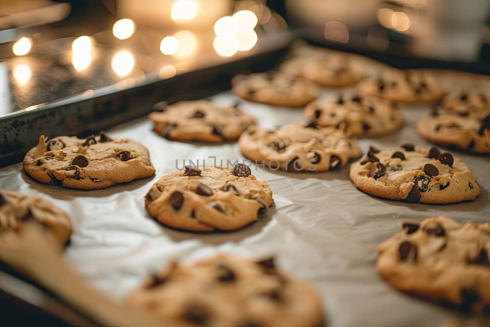 Homemade chocolate chip cookies are cooling on a baking sheet. The golden-brown cookies are dotted with melted chocolate chips, giving off a tempting aroma.