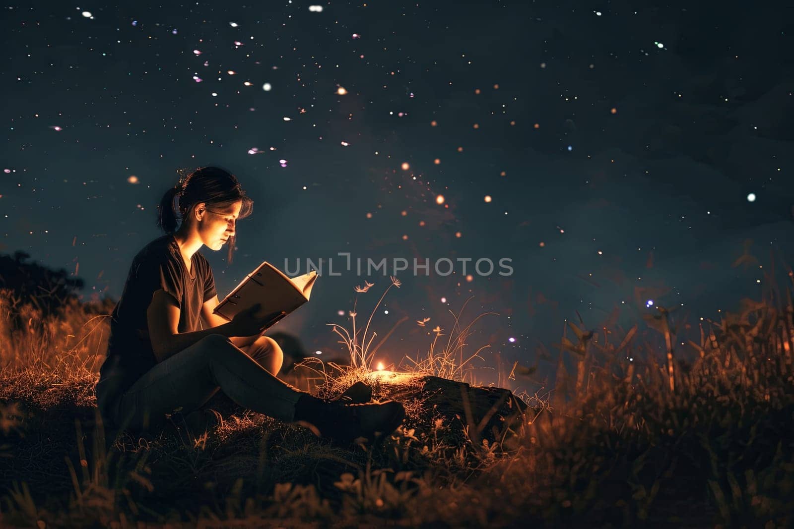 A woman is seated on a hill, engrossed in reading a book. She is surrounded by grass and a clear sky, showing a peaceful setting for her activity.
