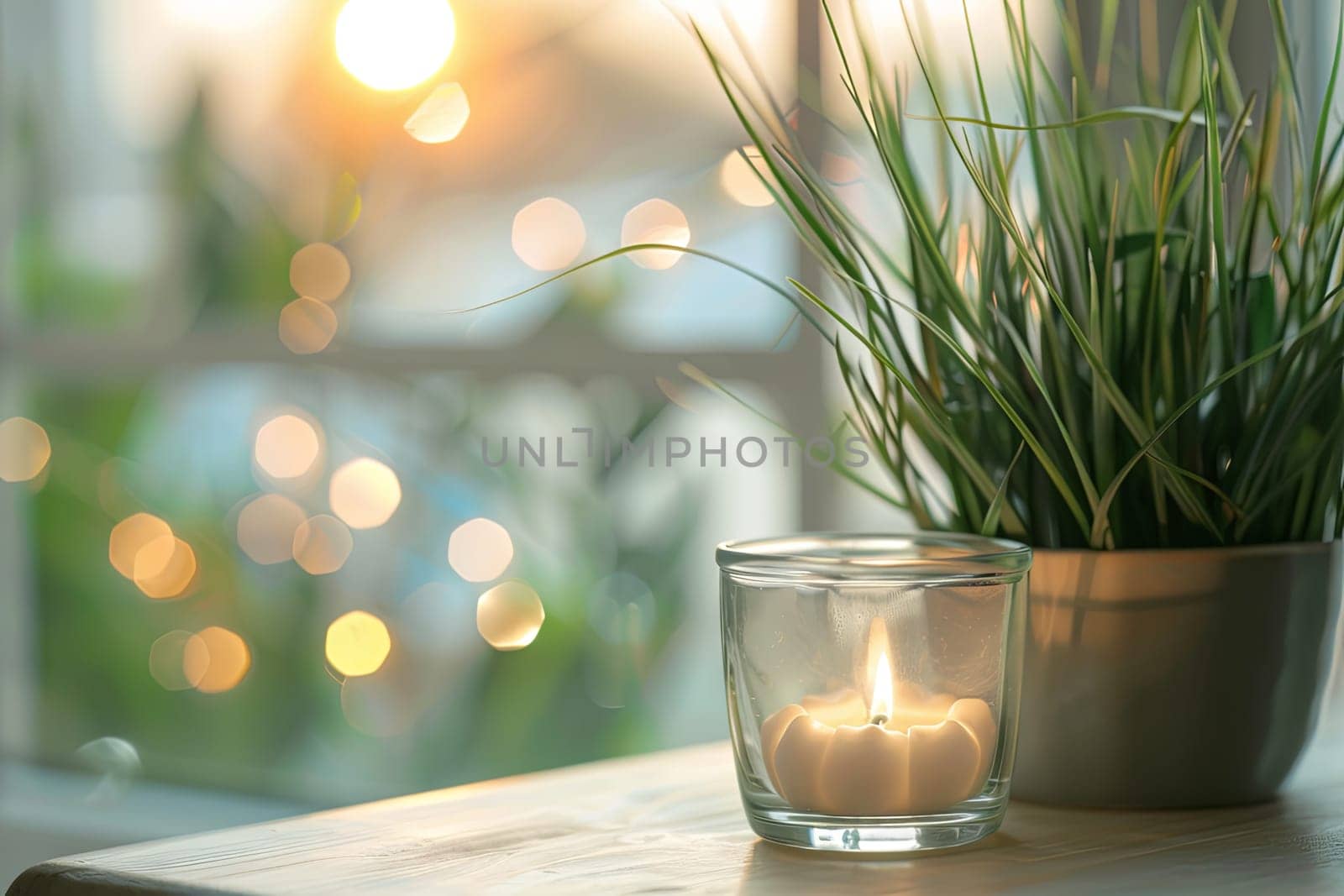 A single candle is placed on a wooden table, casting a soft glow in the room. The flame flickers gently, illuminating its surroundings.