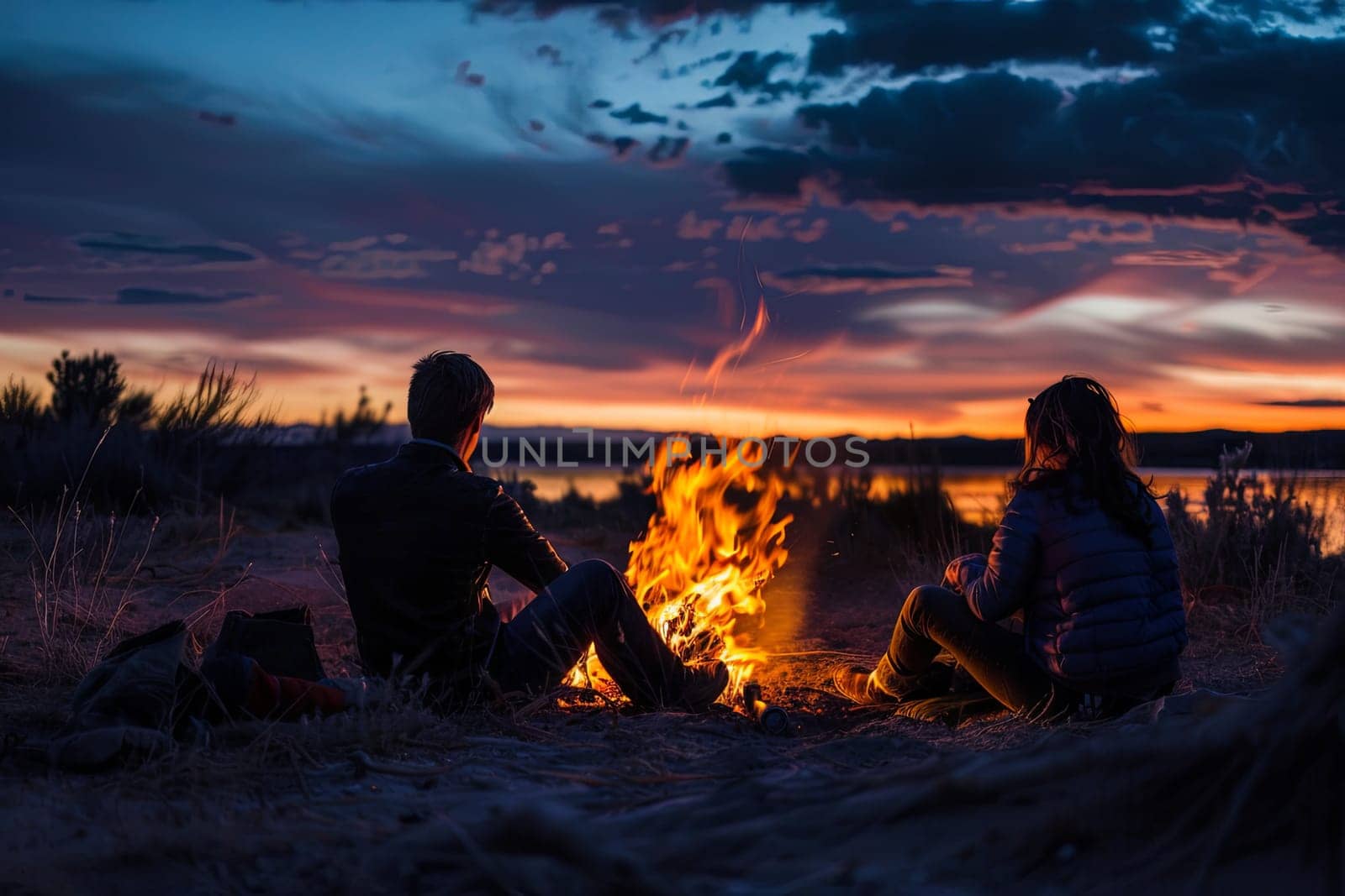 A man and a woman are sitting next to a crackling fire, surrounded by darkness. They appear relaxed and engaged in conversation, with the warmth of the flames illuminating their faces.