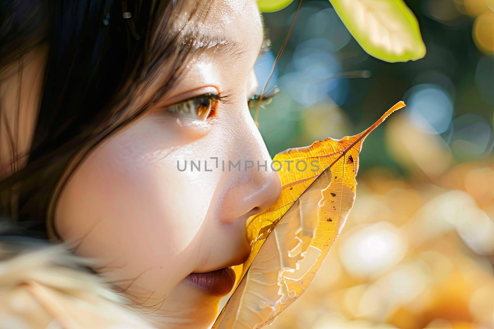 A young girl is shown in the image, holding a leaf in her mouth. She appears to be playfully experimenting with the leaf, exploring its taste or texture.