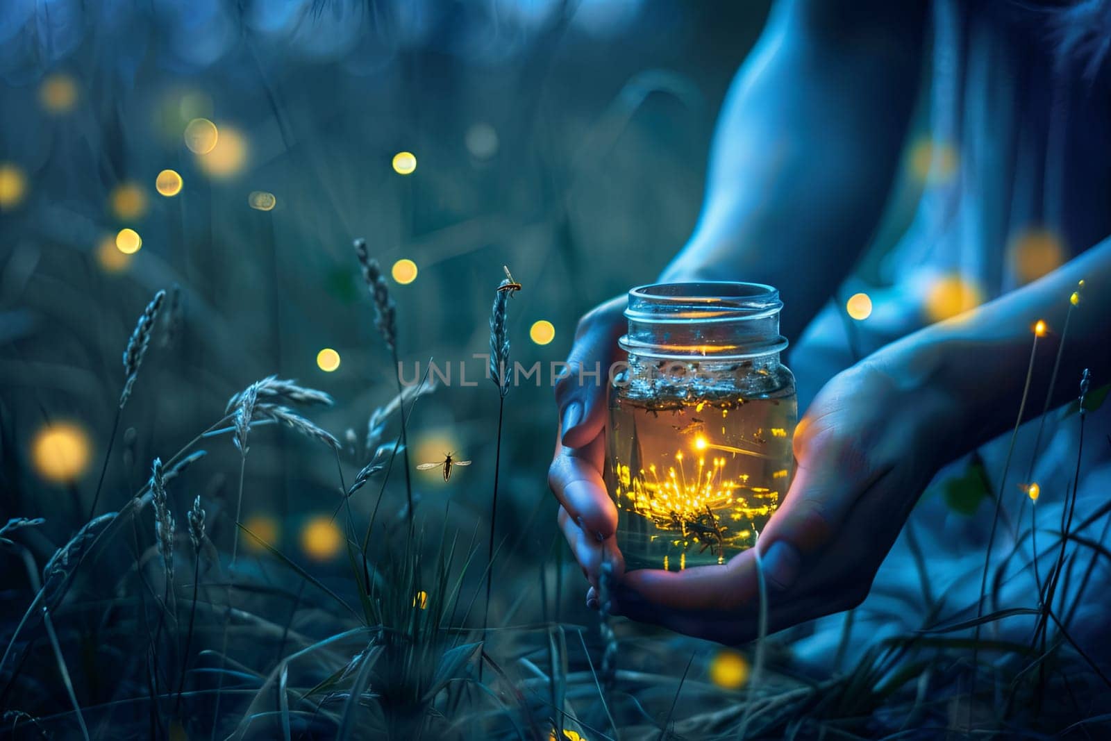 An individual holding a glass jar, containing numerous glowing fireflies inside. The person appears to be admiring the natural flickering light emitted by the fireflies trapped in the jar.