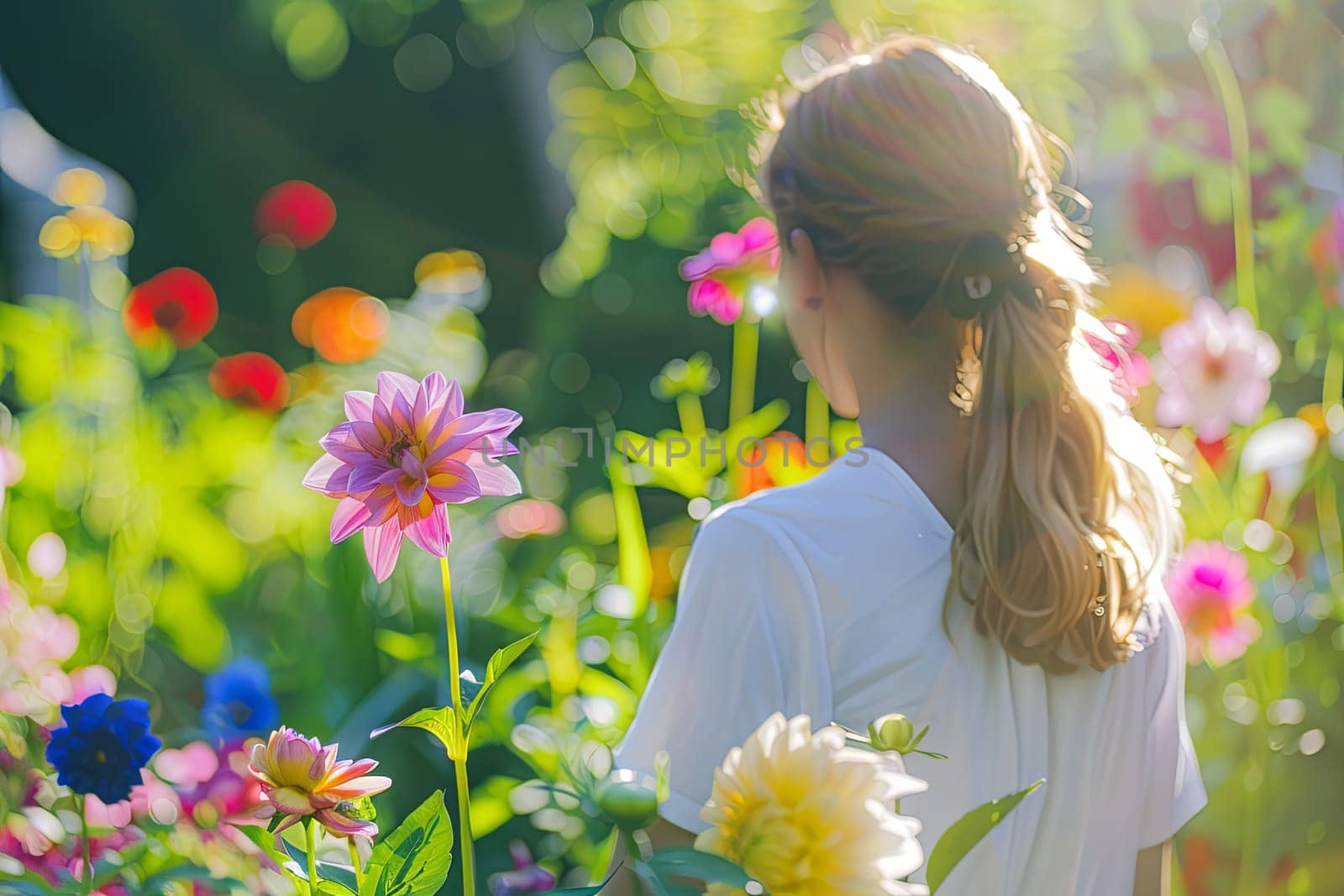 A woman is standing amidst a vast field filled with colorful flowers, her gaze fixed ahead. The flowers sway gently in the breeze, creating a vibrant and lively atmosphere.
