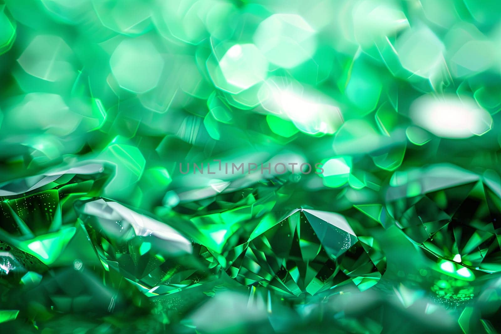 This close-up shot showcases numerous shiny green diamonds, each reflecting light and creating a mesmerizing display of brilliance and color. The diamonds are intricately cut and arranged in a visually striking pattern.