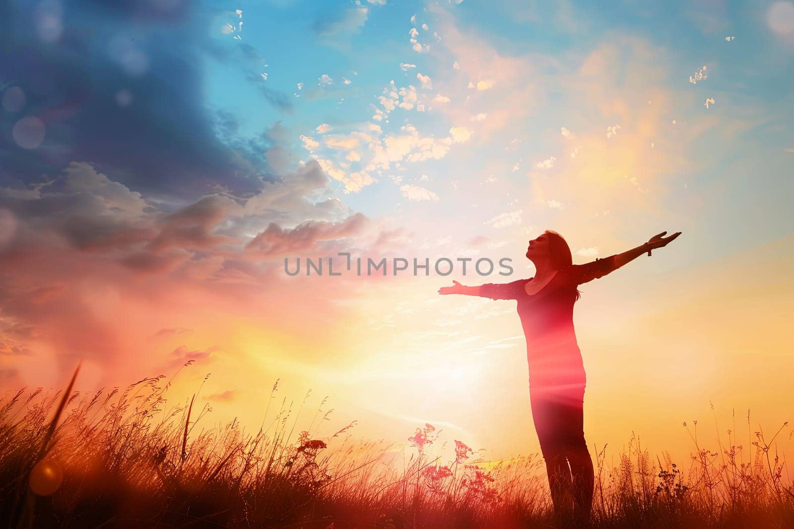 A person is standing in a field under a clear sky, with their arms stretched outwards. The individual appears to be in a moment of self-expression, possibly enjoying the freedom and space of the open field.