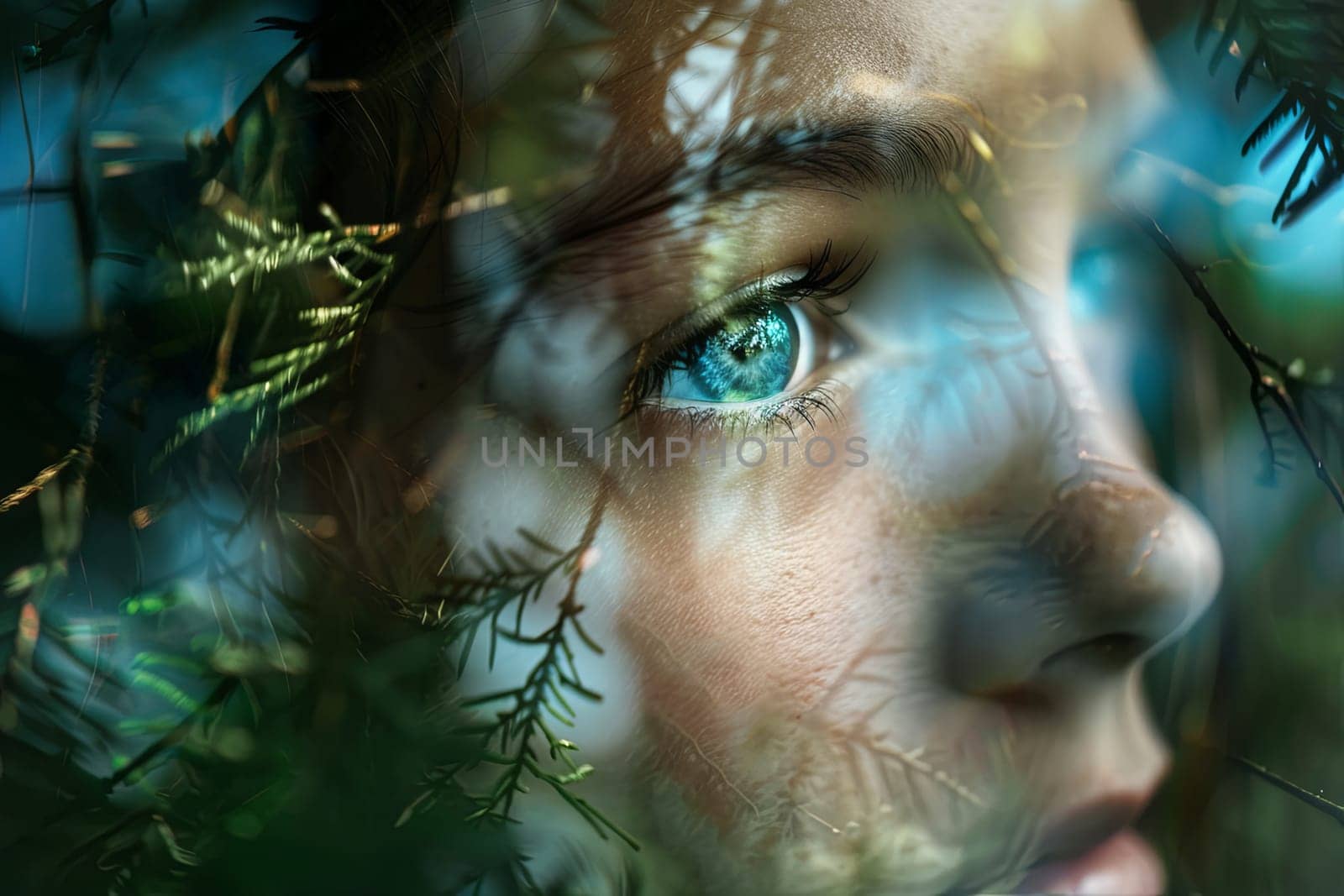 A woman with striking blue eyes peers through the intertwining branches of a tree. Her face is illuminated by the sunlight filtering through the foliage.