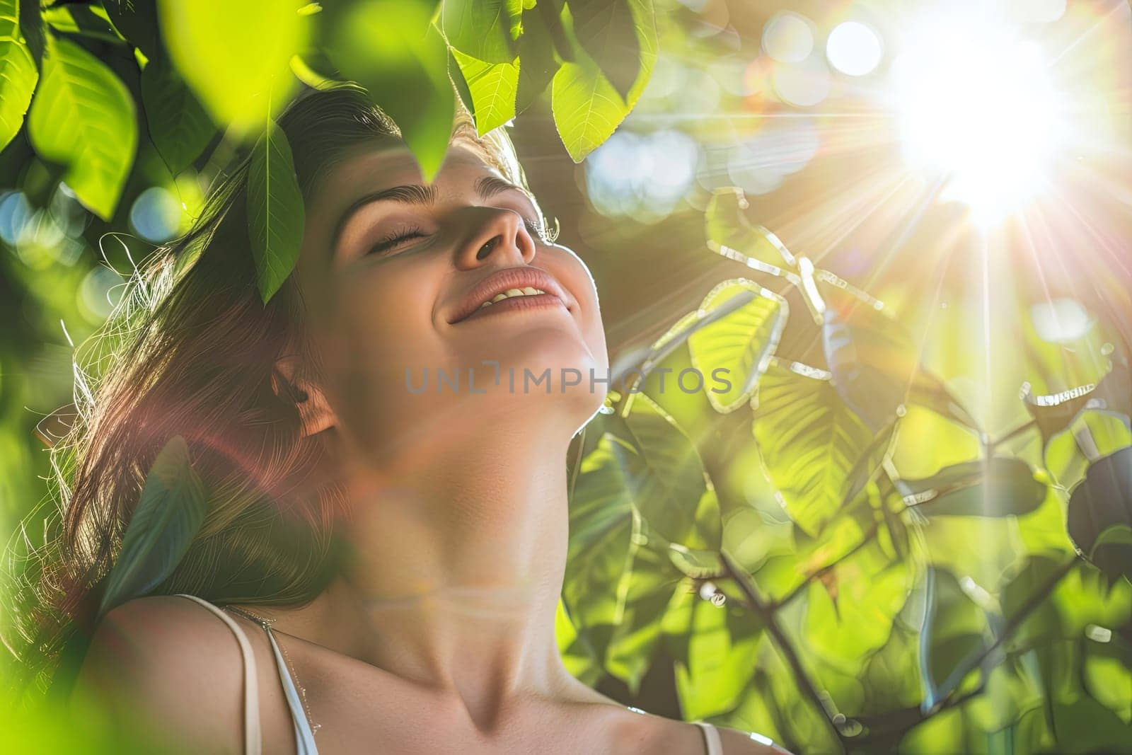 A woman smiling while gazing up at the sunlight, her face illuminated by the bright glow. She appears joyful and content as she enjoys the warmth of the sun on her skin.