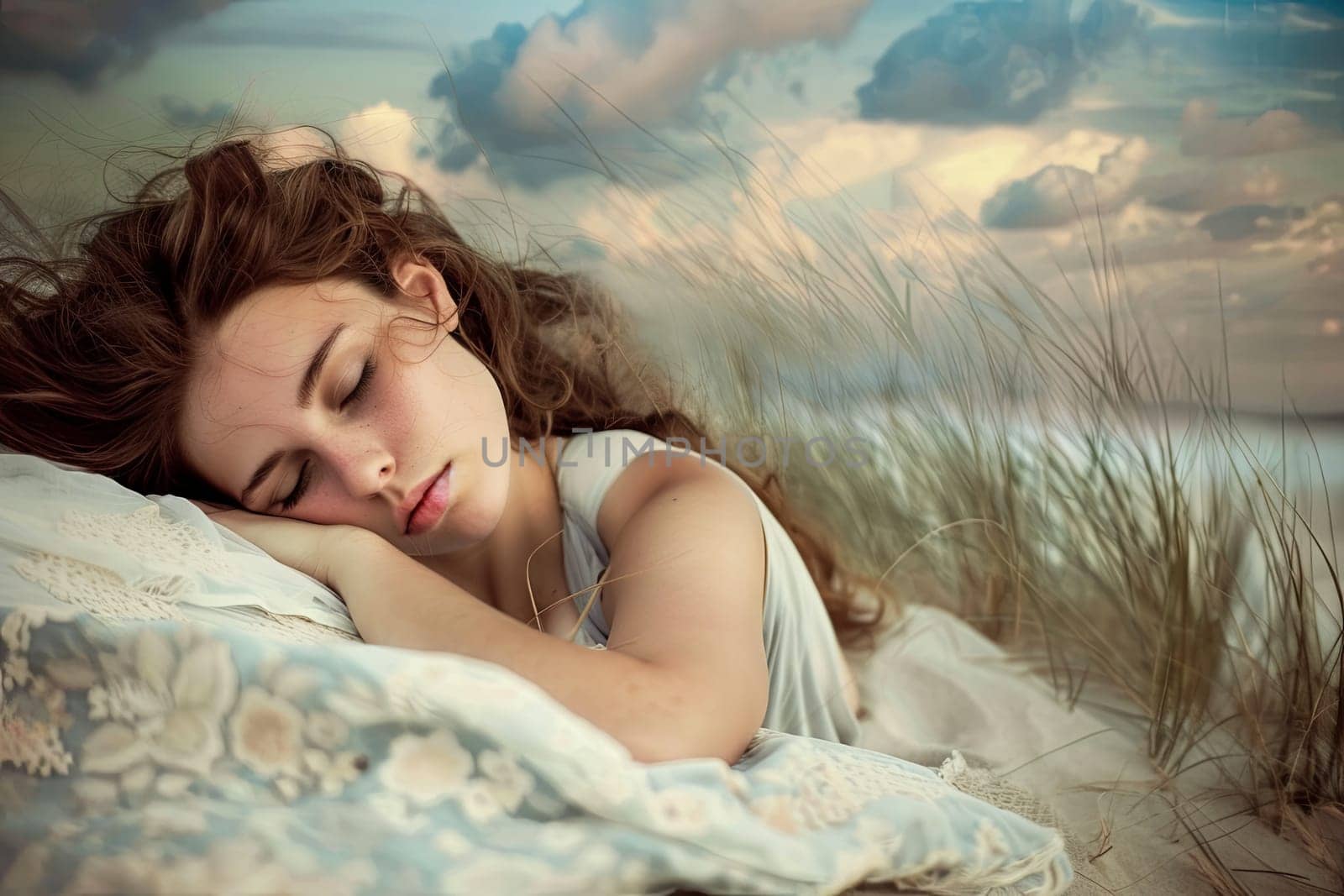 A woman is lying down on the sandy beach with her eyes shut. She appears relaxed and at ease, enjoying the warmth of the sun and the gentle sound of waves in the background.
