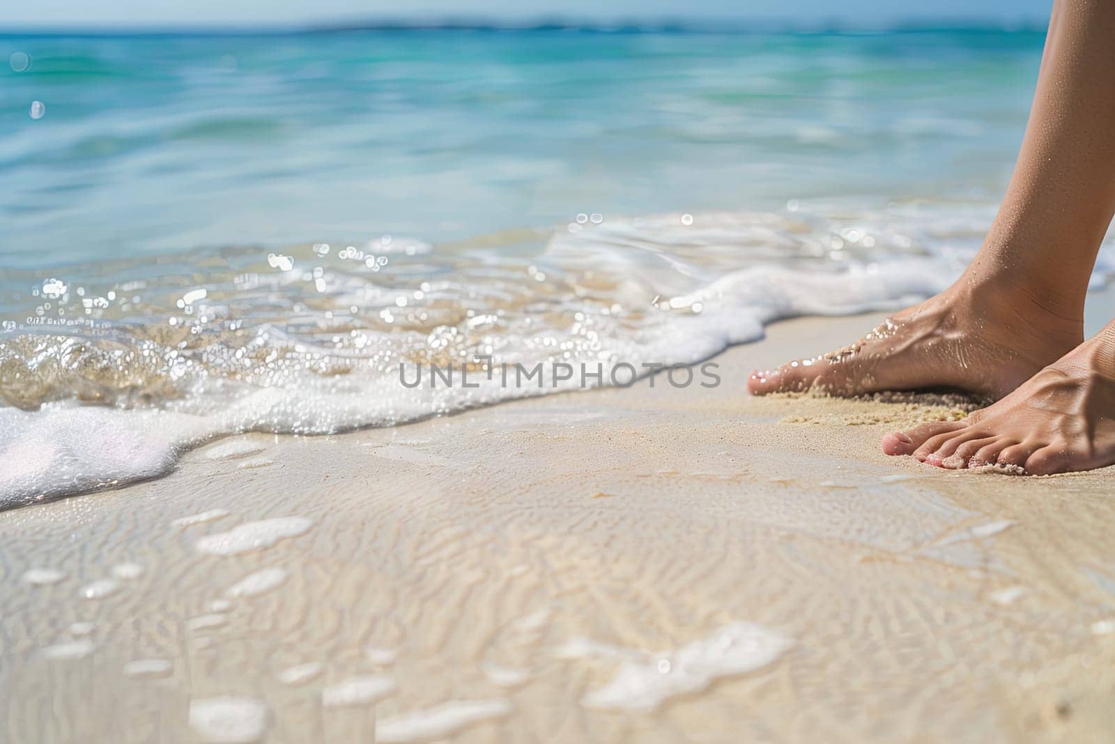 This close-up shot captures a persons bare feet standing on the sandy beach, with waves gently lapping at the shore. The toes are slightly buried in the sand, creating a sense of relaxation and connection to nature.