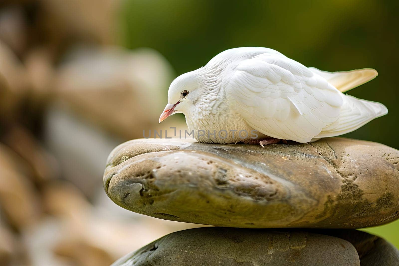A white bird is perched atop a large pile of rocks. The bird is still and poised, with its feathers gleaming in the sunlight. The rocks are varied in size and shape, creating a rough and textured surface for the bird to rest upon.