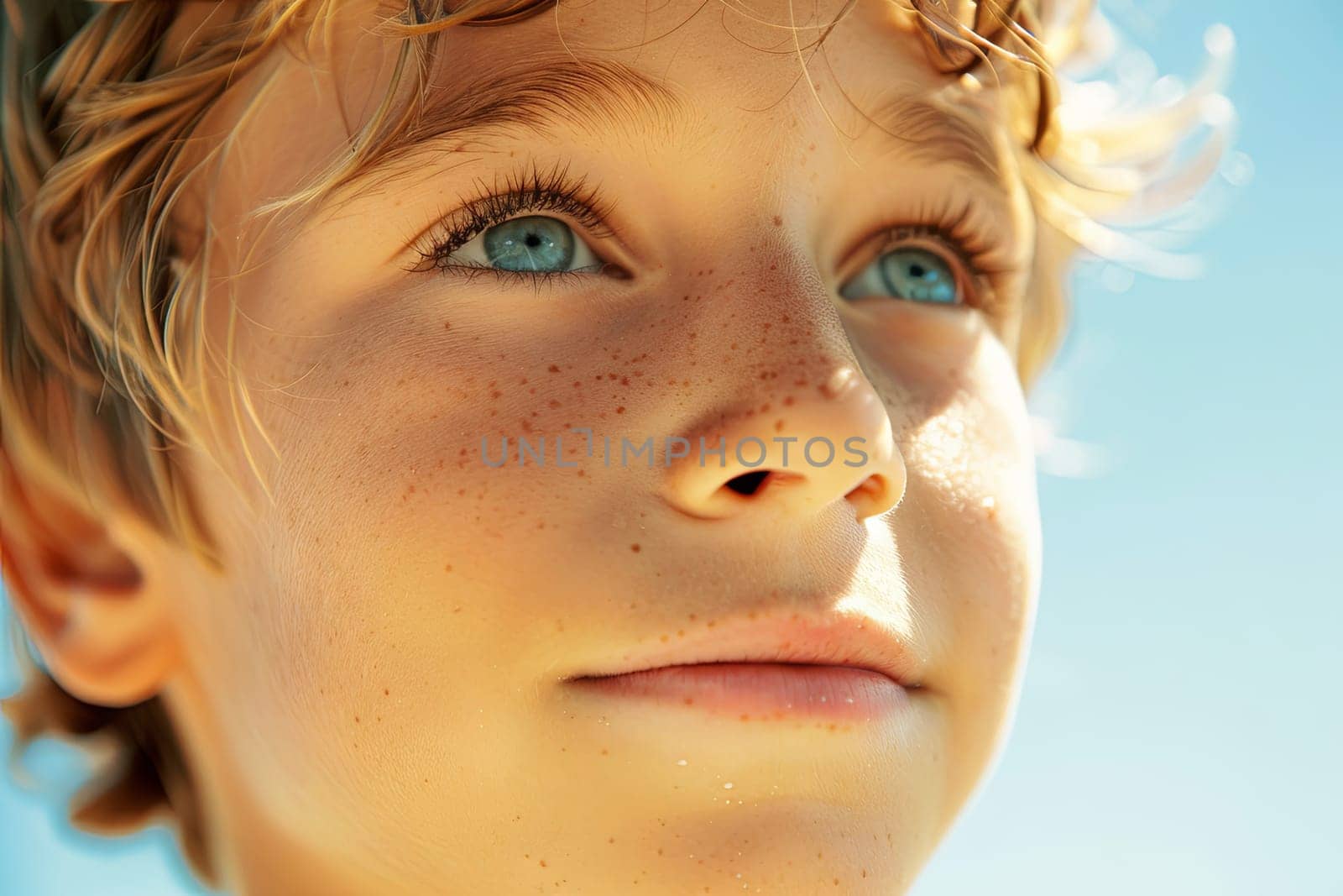 A tight shot captures the features of a childs face, showcasing their piercing blue eyes. The childs expression is neutral, with no visible teeth or smile, allowing focus on their eyes as they gaze directly at the camera.