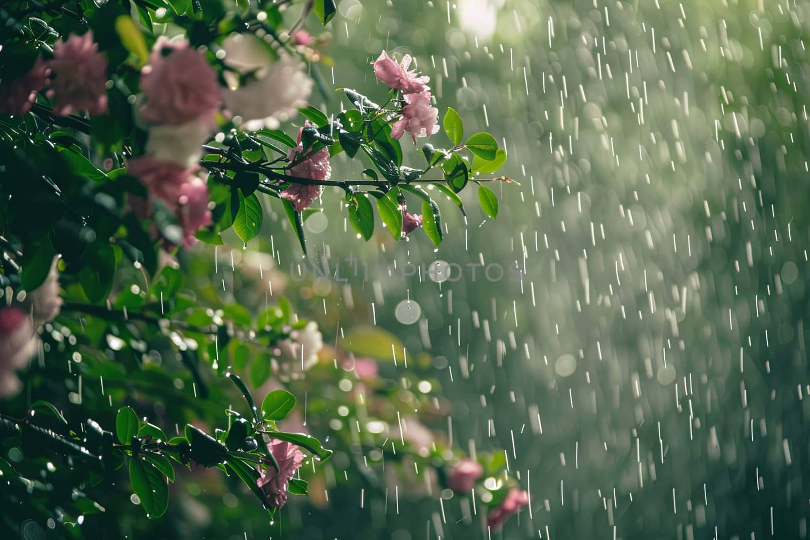 A tree with delicate pink flowers stands in the rain, its petals glistening with water droplets. The rain falls softly around it, enhancing the beauty of the blooms.