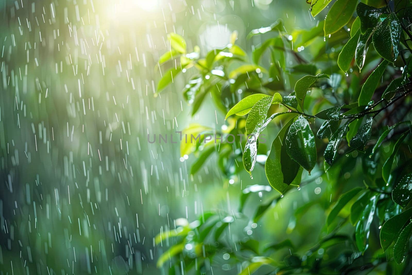 A green leafy tree stands tall amidst the falling raindrops, glistening with moisture as it absorbs the nourishing water from the sky. The trees branches sway in the gentle breeze, showcasing its vibrant green leaves in contrast to the gray skies.