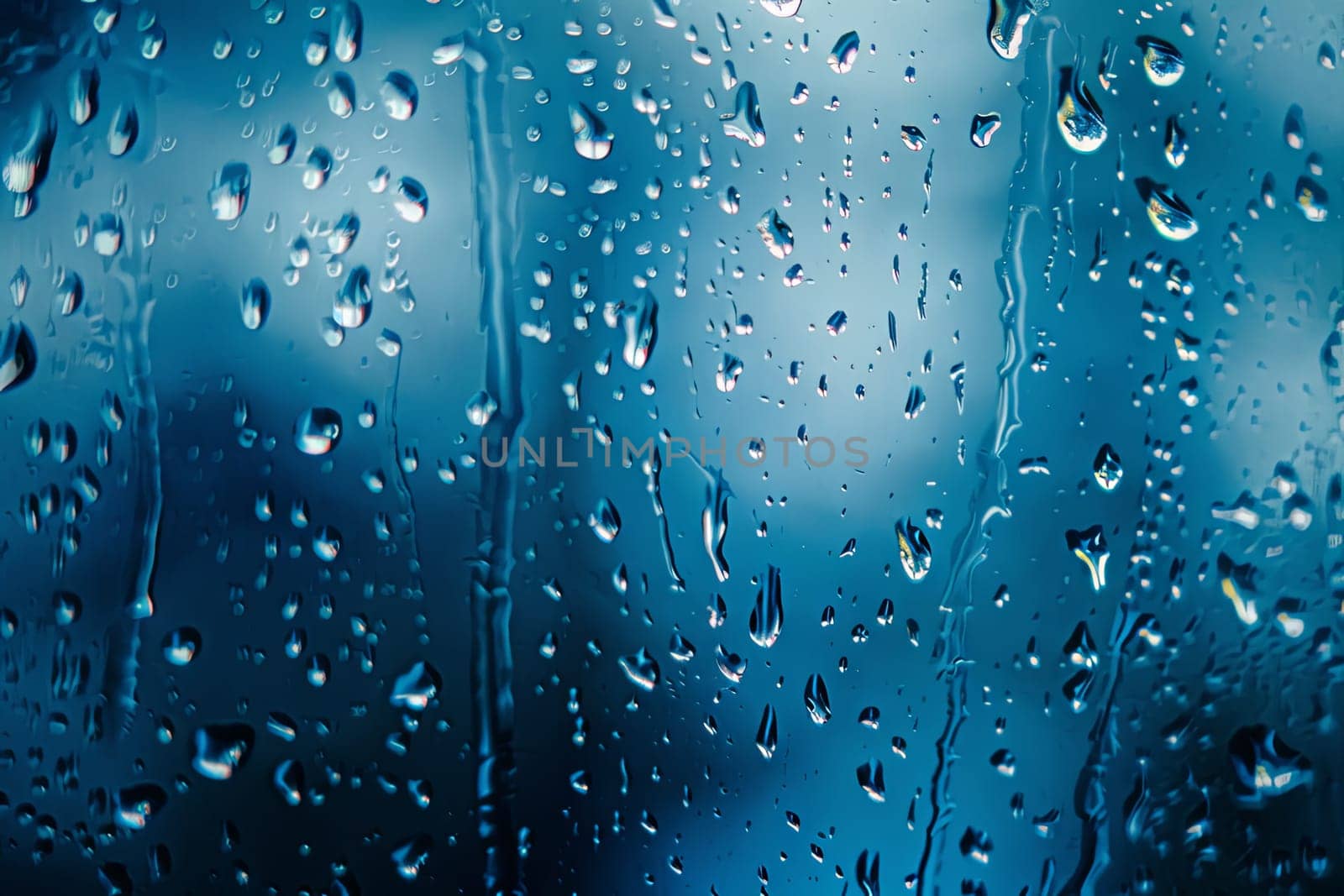 Rain drops are visible on a window, with a clear blue sky in the background. The drops are forming irregular patterns as they trickle down the glass surface, reflecting the light from the sky.