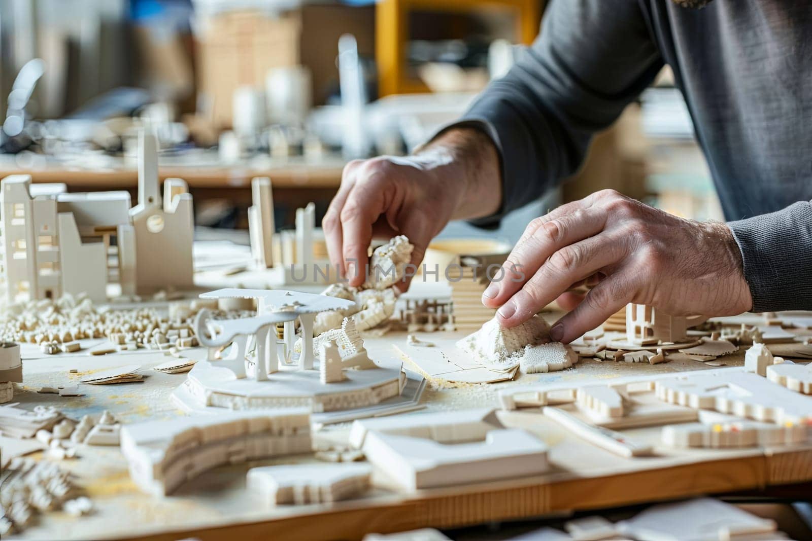 A man is meticulously constructing a detailed model of a city, focusing intently on tiny buildings, roads, and other urban features. He uses various tools and materials to bring the miniature city to life.