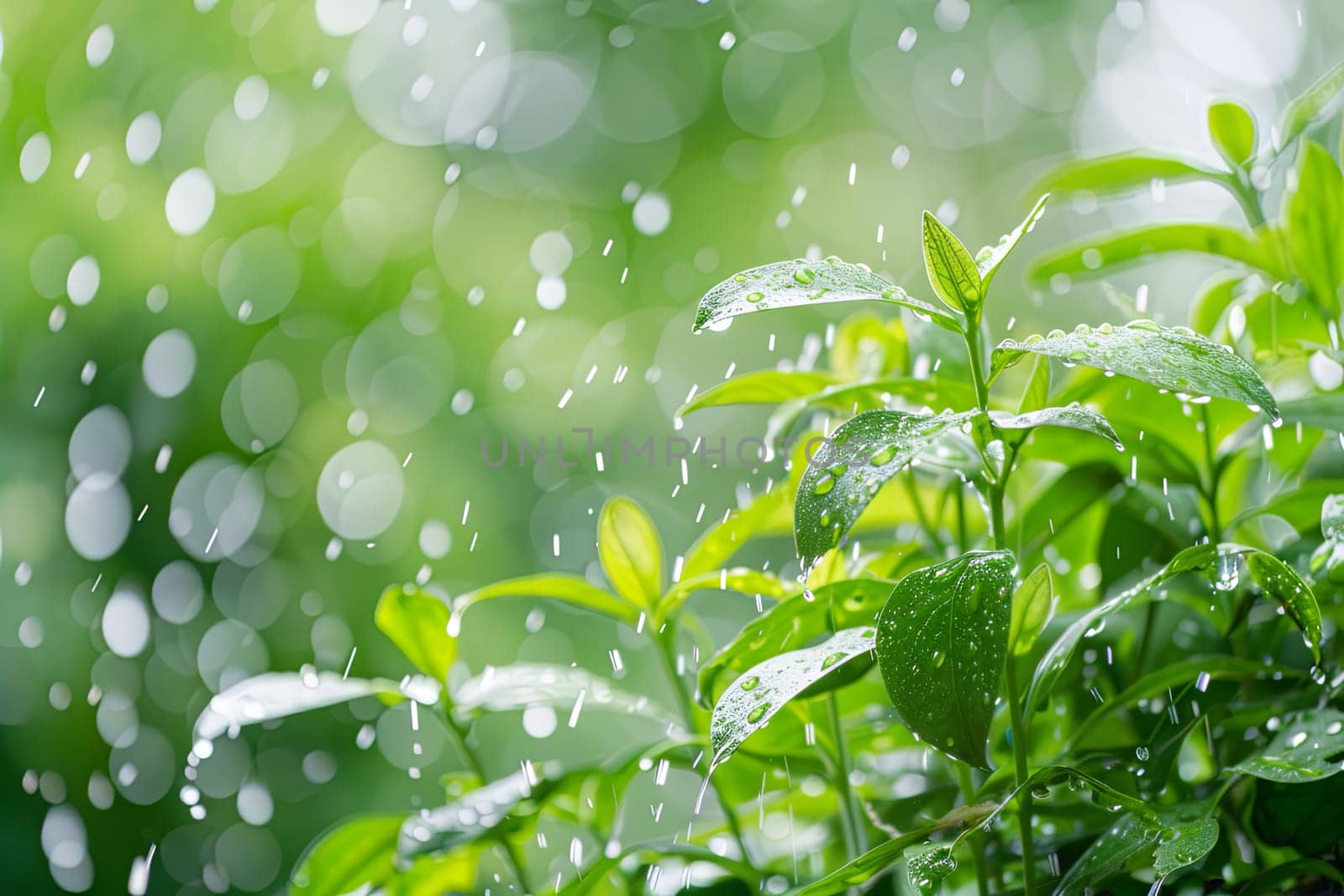 A green plant covered in sparkling water drops, glistening under the sunlight. The droplets cling to the leaves, reflecting the surrounding environment in a beautiful and natural display.