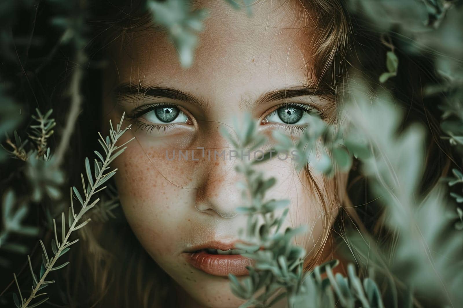 A young woman with striking blue eyes is crouched down behind a bush, partially concealed by the foliage. She appears to be peering out cautiously, her expression tense and alert.