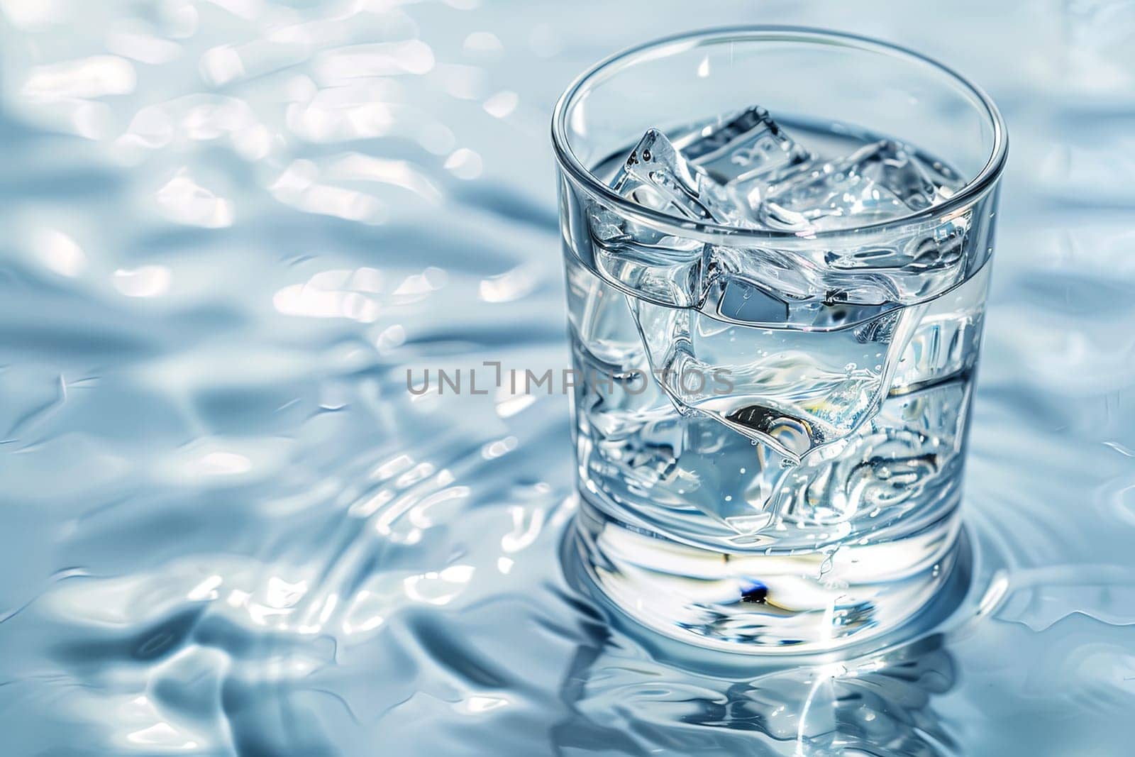 A clear glass filled with water and several ice cubes floating inside. The cold ice slowly melting and chilling the water, creating condensation on the outer surface of the glass.