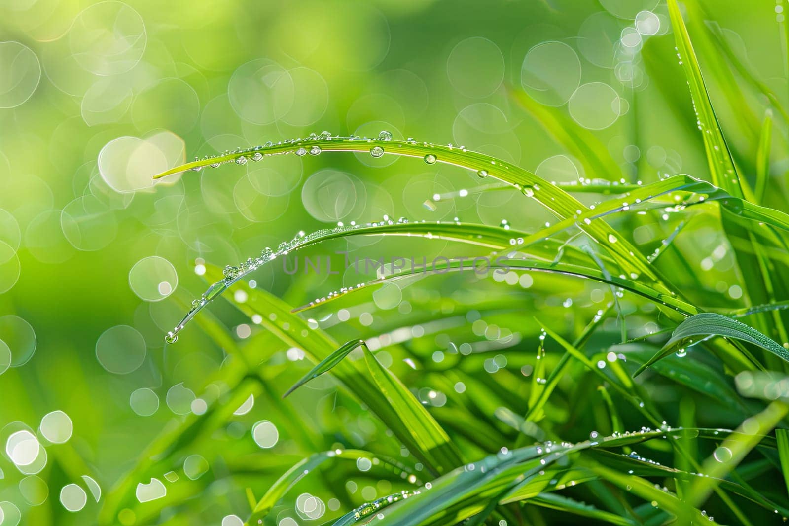 This close-up shot showcases lush green blades of grass adorned with tiny water droplets glistening under the sunlight, creating a stunning natural spectacle.