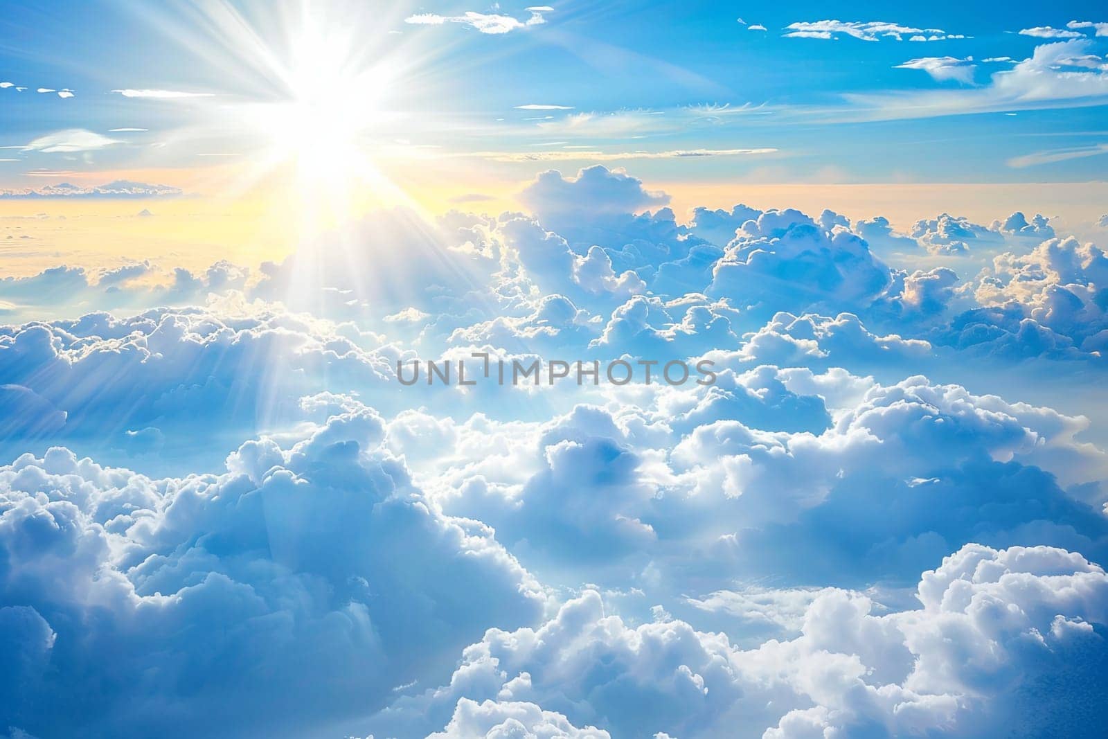 The sun is shining brightly above the thick layers of fluffy white clouds in the sky, creating a contrast of light and shadow. The rays of light penetrate through the clouds, illuminating the sky.