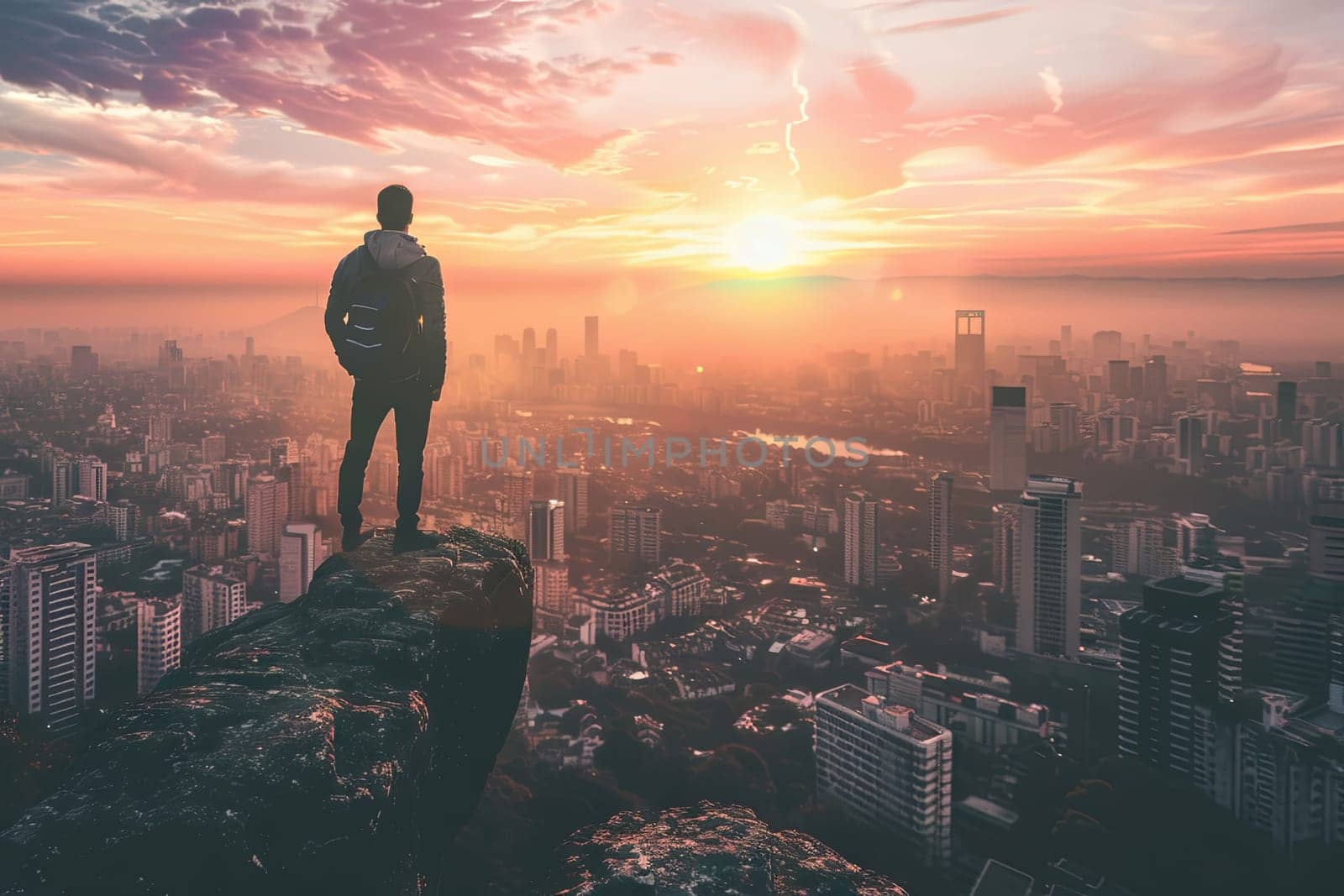 A man is standing on the rooftop of a tall urban building, looking down at the city below. He is wearing casual clothing and appears to be gazing at the view.