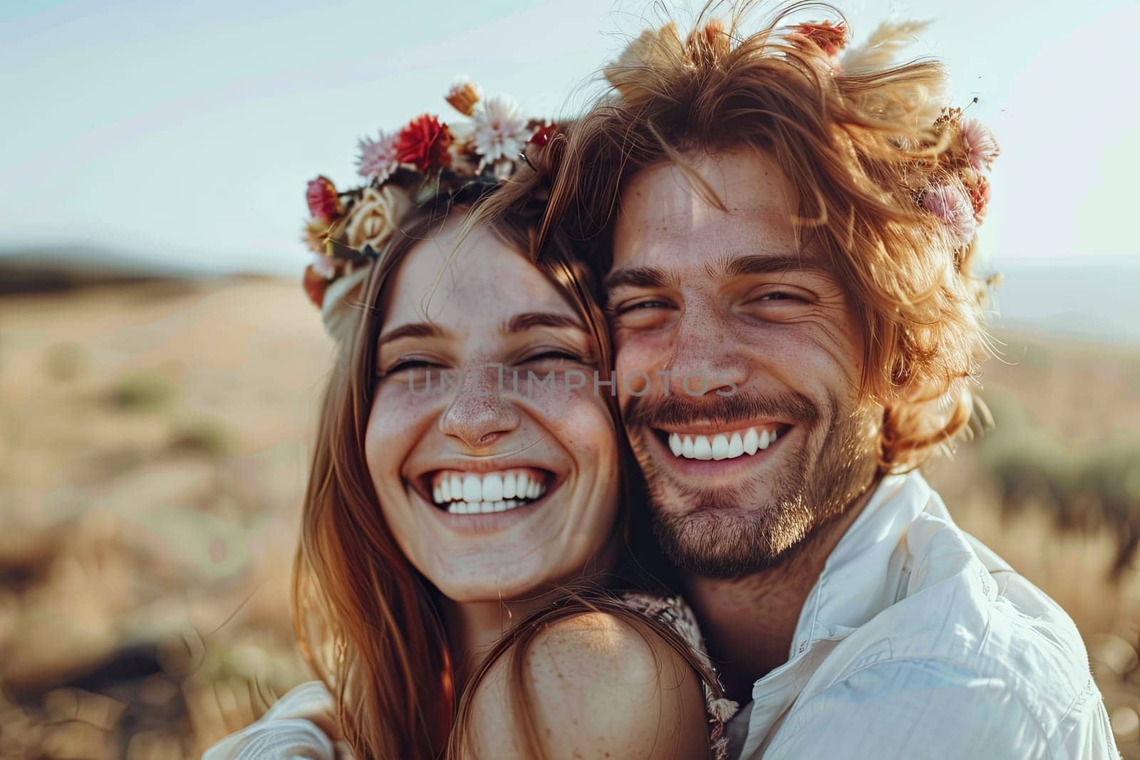 A man and a woman are standing together, smiling happily at the camera. They both have a relaxed and friendly expression, exuding warmth and joy in the moment.