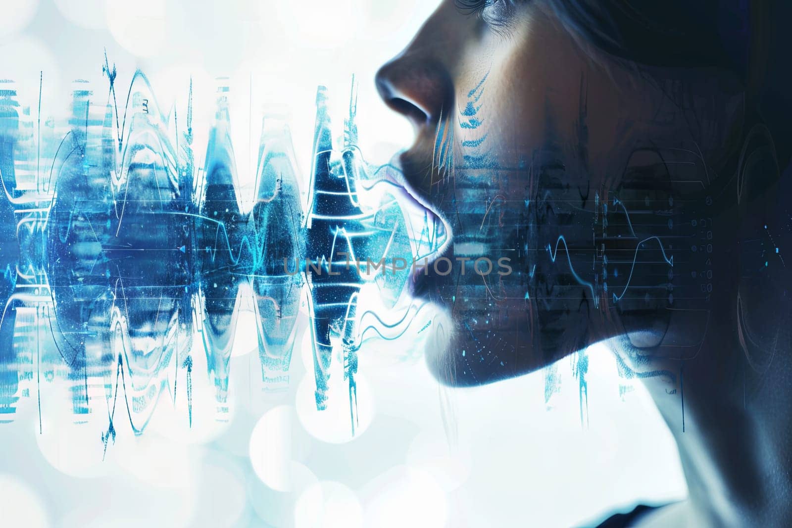A woman with her mouth open stands in front of a digital background, appearing surprised or amazed by what she sees. The contrast between her expression and the futuristic backdrop creates an intriguing visual tension.