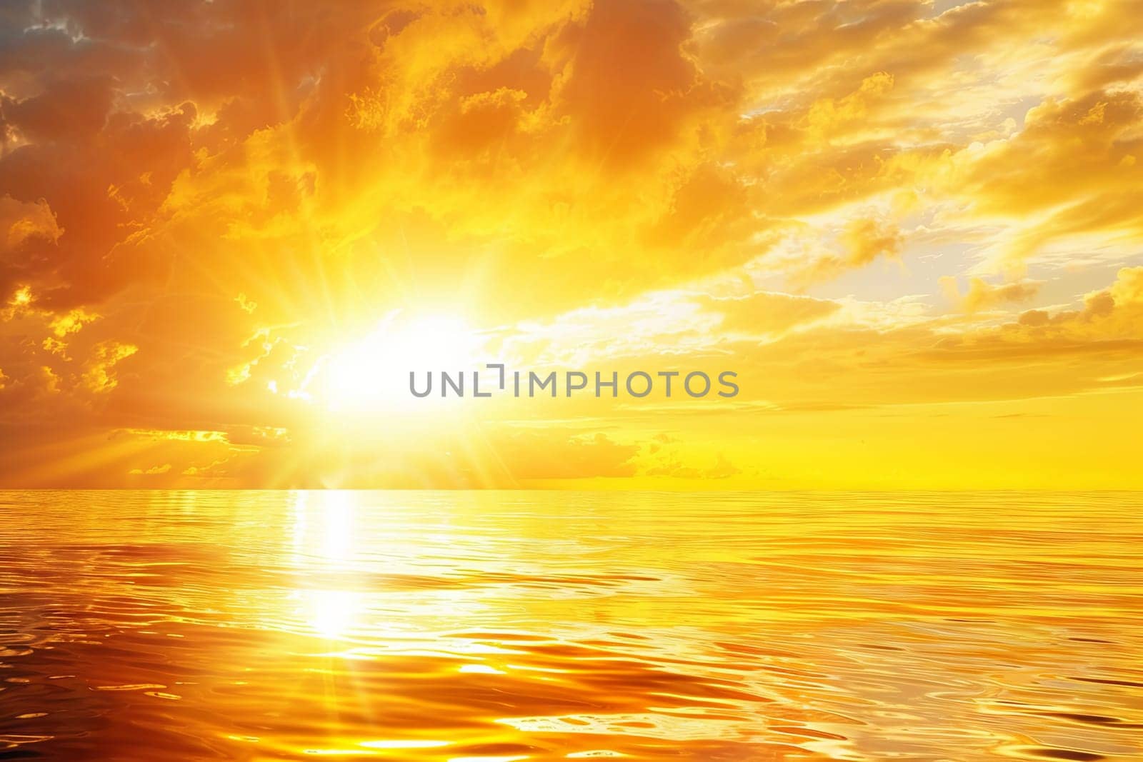 The suns radiance shines intensely over the vast ocean, creating a sparkling reflection on the waters surface. Waves glisten as they crash against the shore under the clear blue sky.