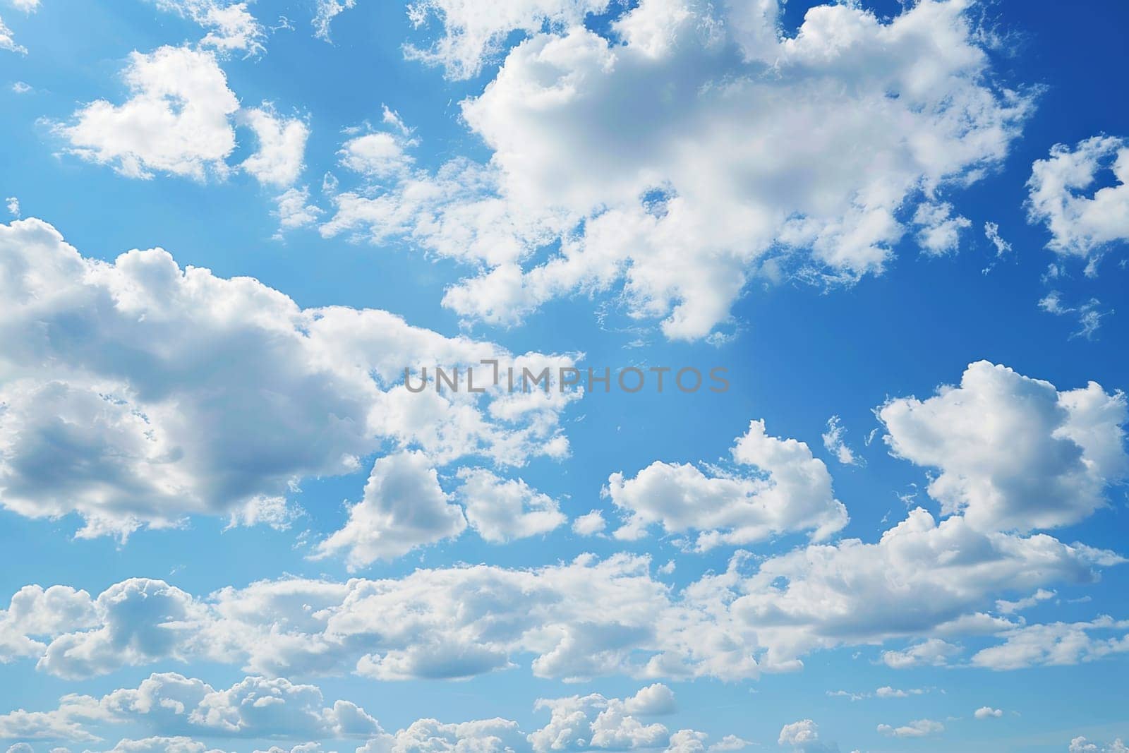A blue sky dotted with fluffy white clouds hovers over a sandy beach, creating a serene and peaceful atmosphere. The clouds drift lazily as the sun casts a warm glow on the tranquil scene.
