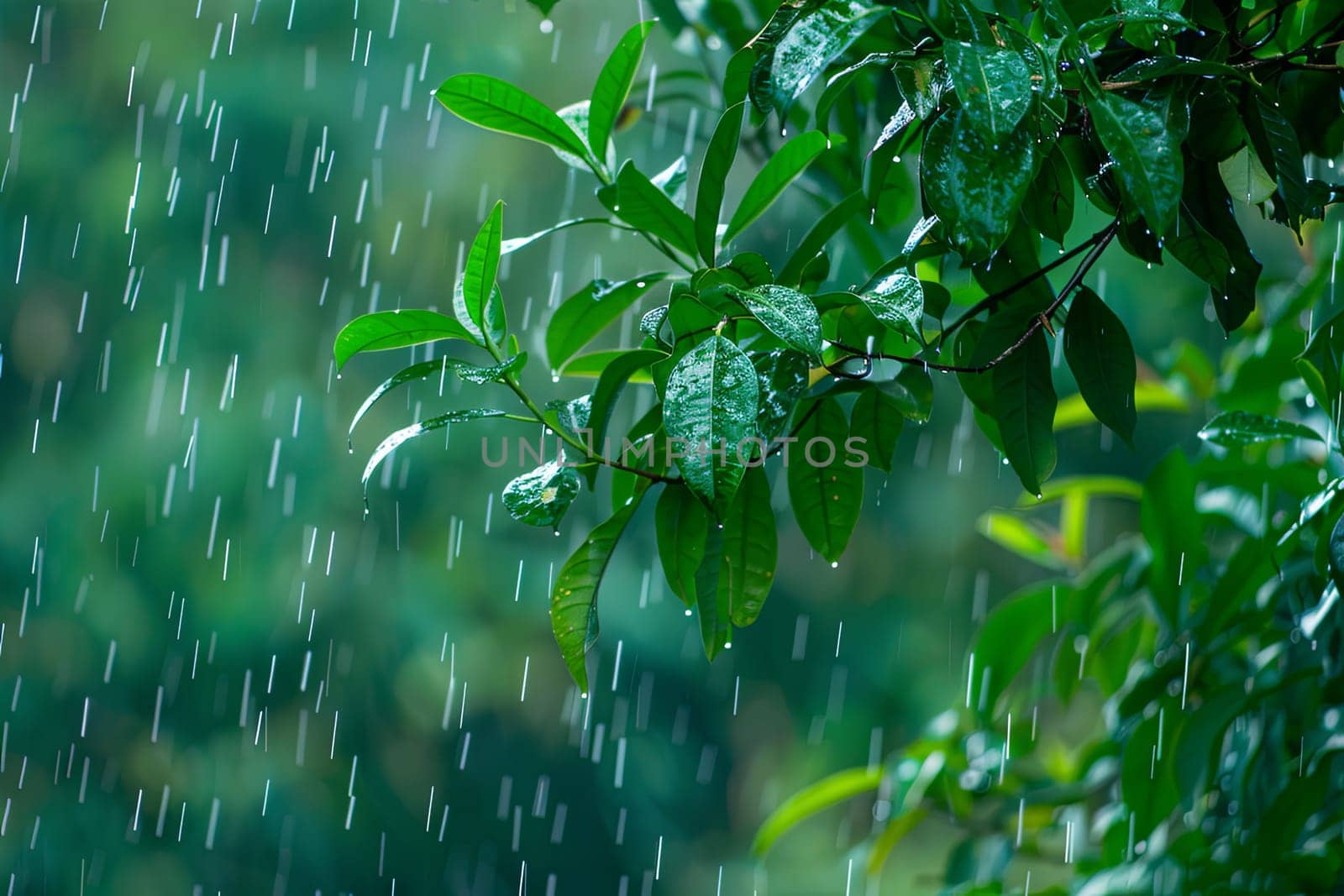 A green leafy tree stands tall in the rain, its leaves glistening with water droplets. The branches sway gently in the breeze as raindrops fall onto the lush foliage, creating a serene and refreshing scene.