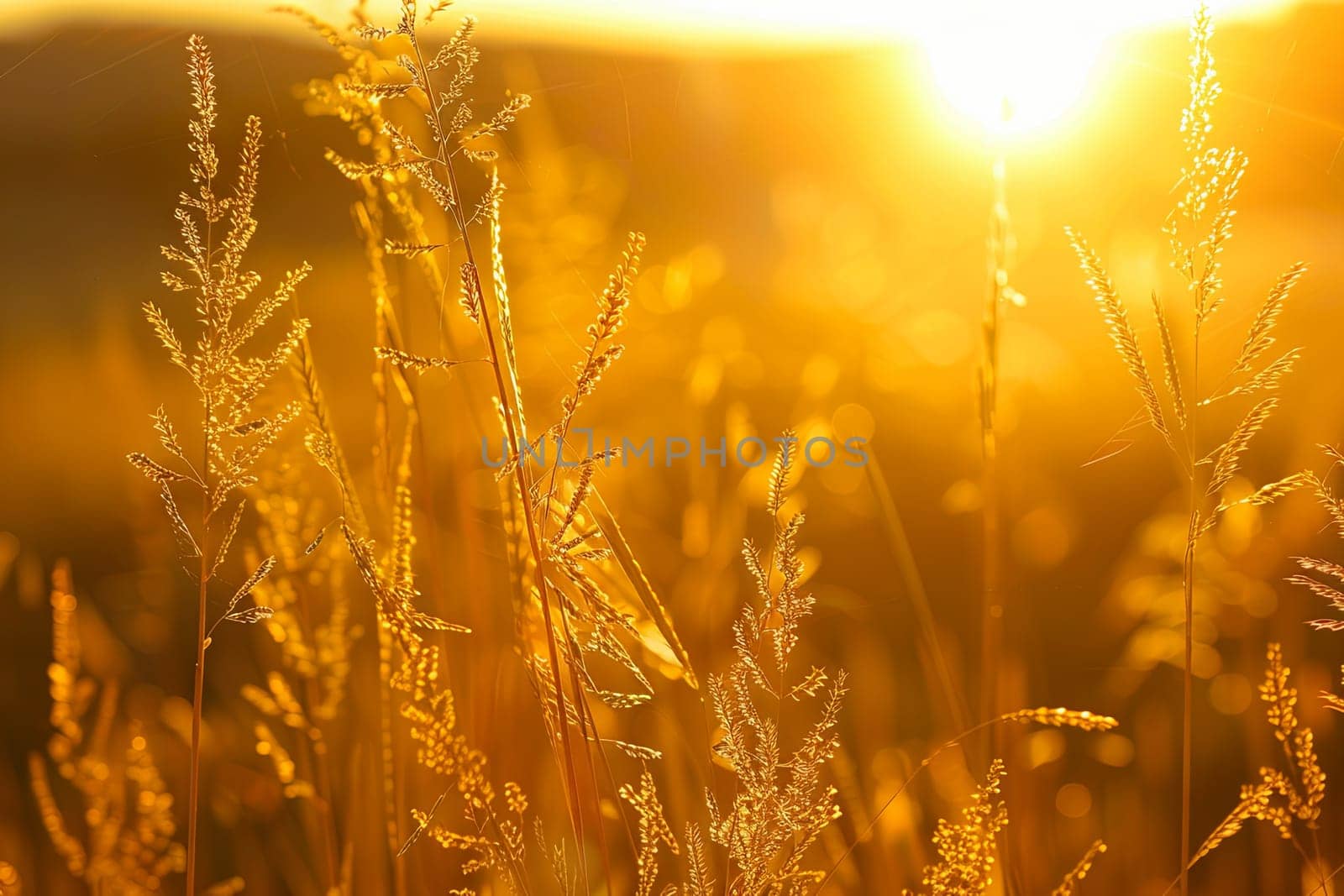 A vast field of lush green grass stretching into the distance under a clear sky, with the sun setting low on the horizon in the background, casting a warm golden light over the landscape.
