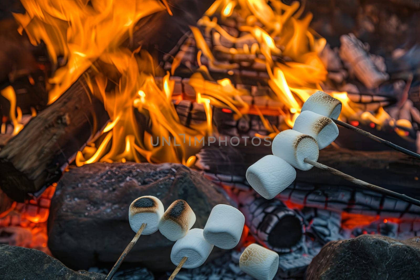Marshmallows on a stick being roasted over a campfire, with flames flickering in the background. The marshmallows are turning golden brown as they slowly melt and become gooey.