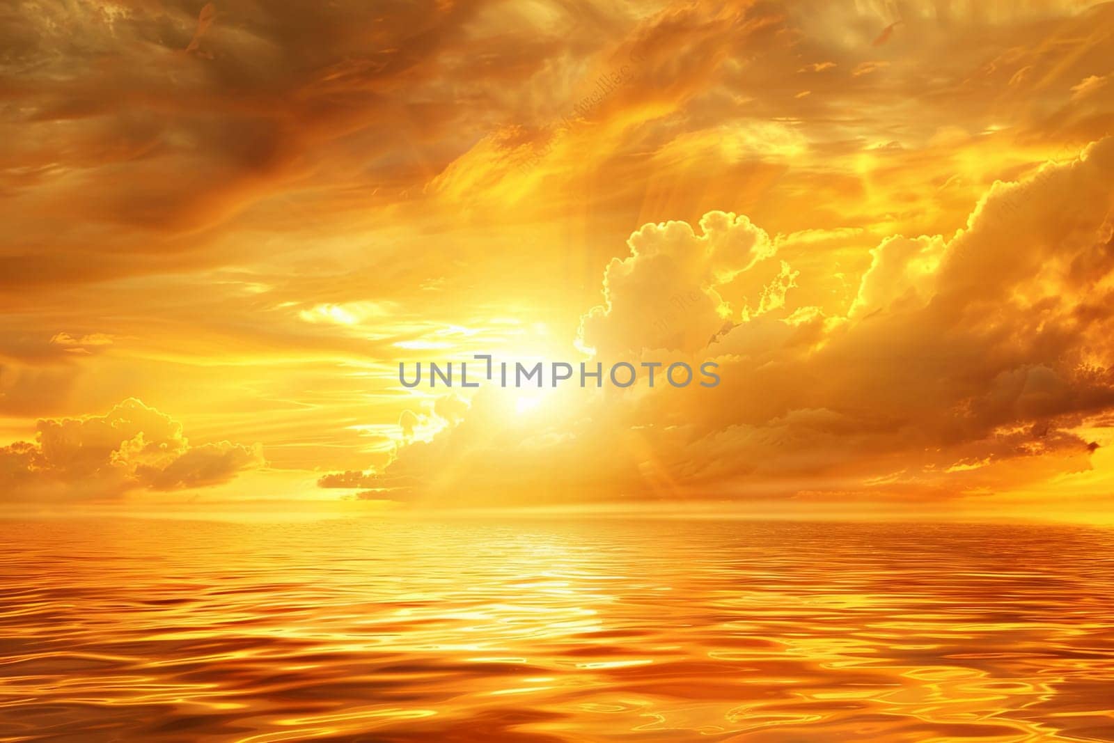 The sun sets elegantly over the vast ocean, casting a warm glow across the water. Wispy clouds fill the sky, adding texture to the scene. The reflection of the sun creates a shimmering pathway on the waters surface.