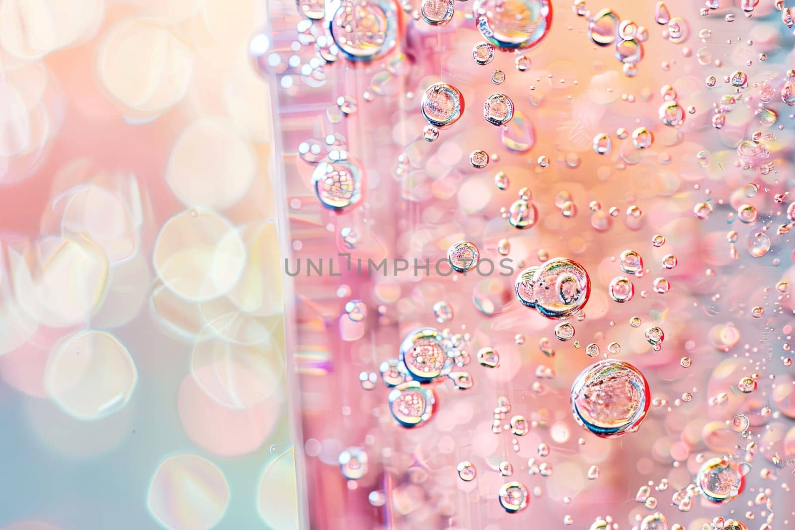 A detailed view of numerous water droplets clinging to a window surface, reflecting light and distorting the view outside. The droplets vary in size, creating an intriguing pattern against the glass.