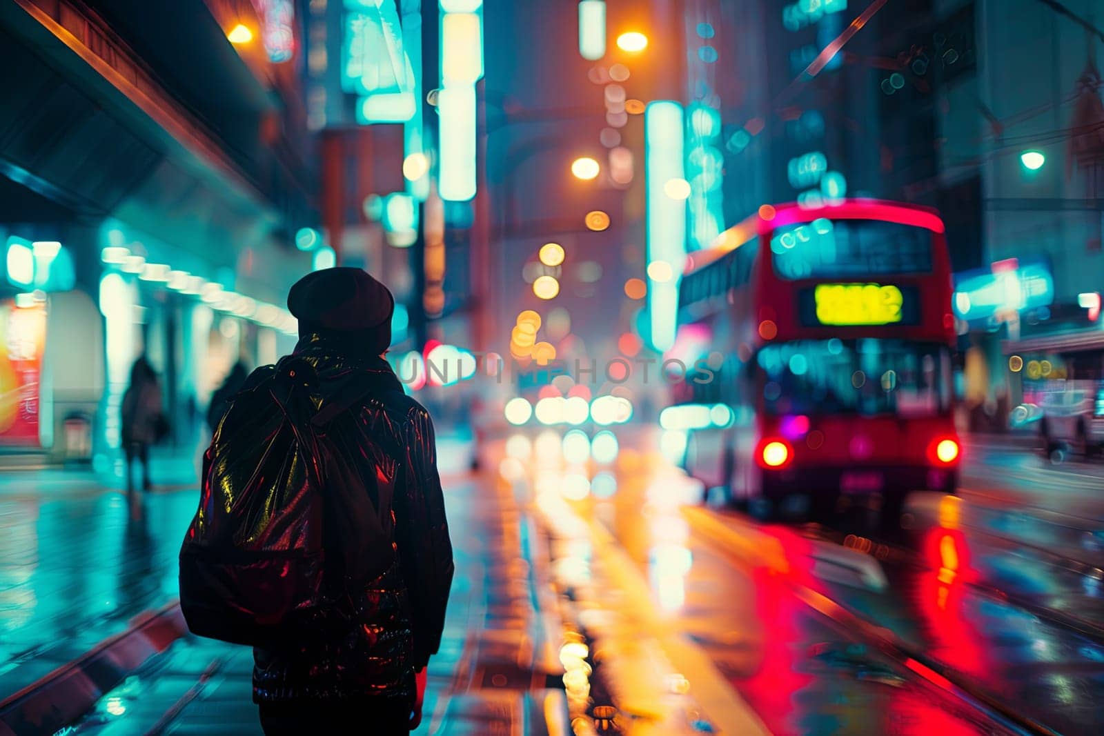 A person is seen standing on a bustling city street at night. The individual is surrounded by tall buildings, glowing streetlights, and passing vehicles, creating a dynamic urban atmosphere.