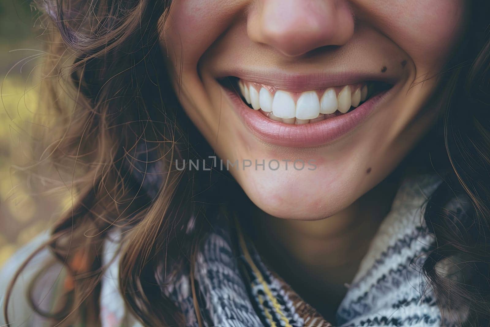 A close-up view of a person wearing a scarf, with the focus on the fabrics texture and the way it wraps around the neck.