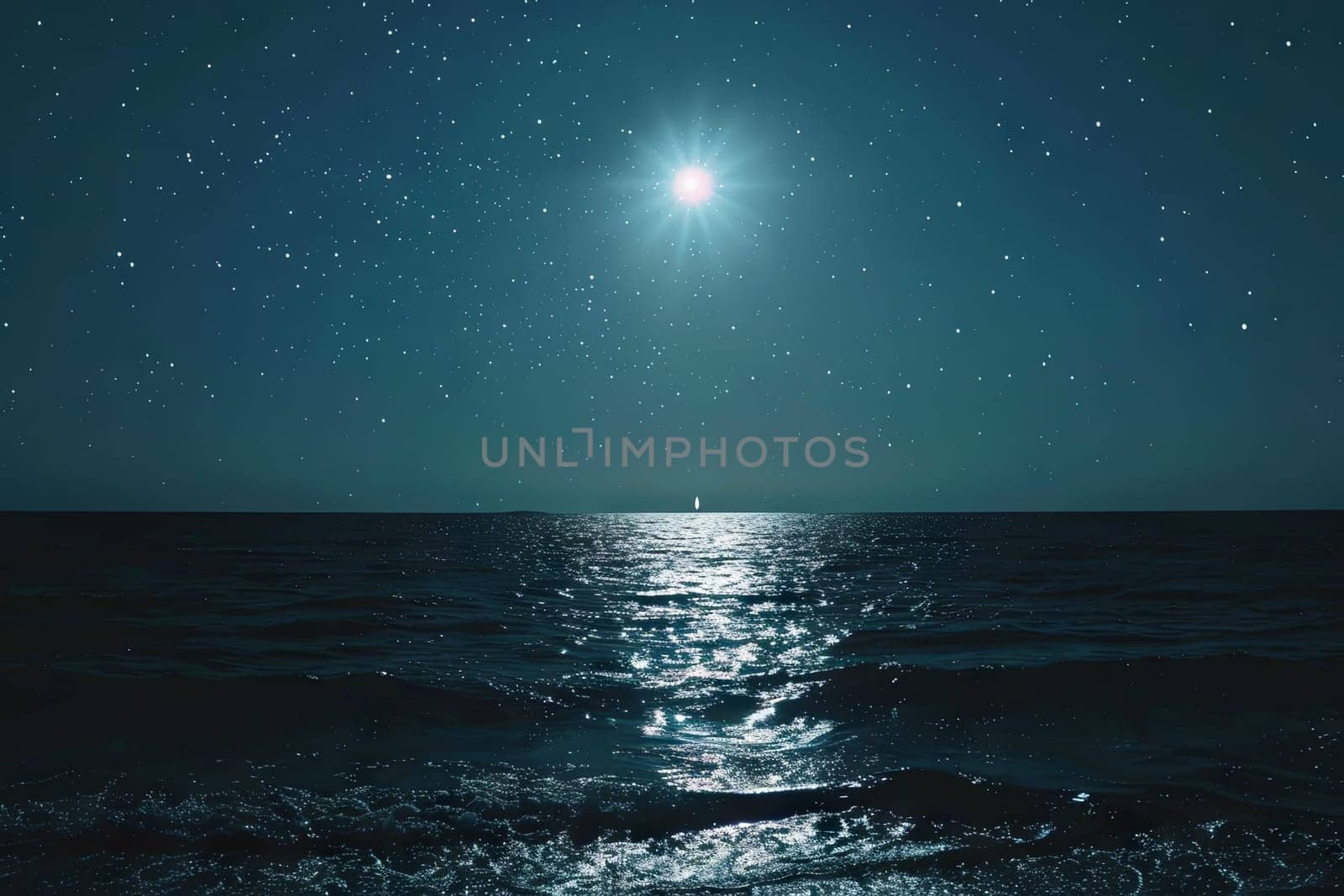 A bright moon casts its glow over the dark ocean, illuminating the water with a soft silver light. The waves gently ripple under the moons serene gaze, creating a tranquil scene.