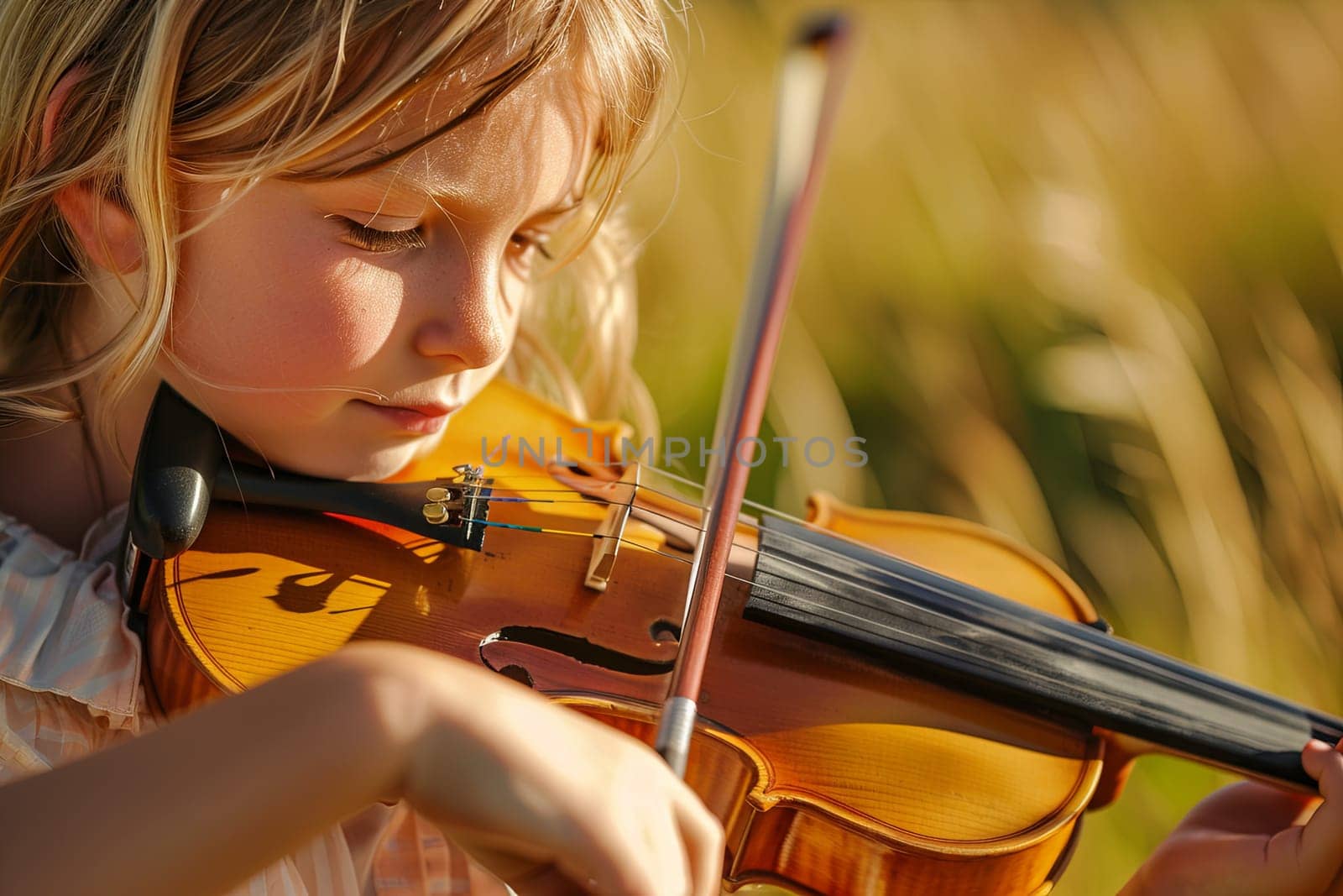 A young girl is standing outside, playing the violin. She is focused on her music, with the violin held against her shoulder and the bow in hand.