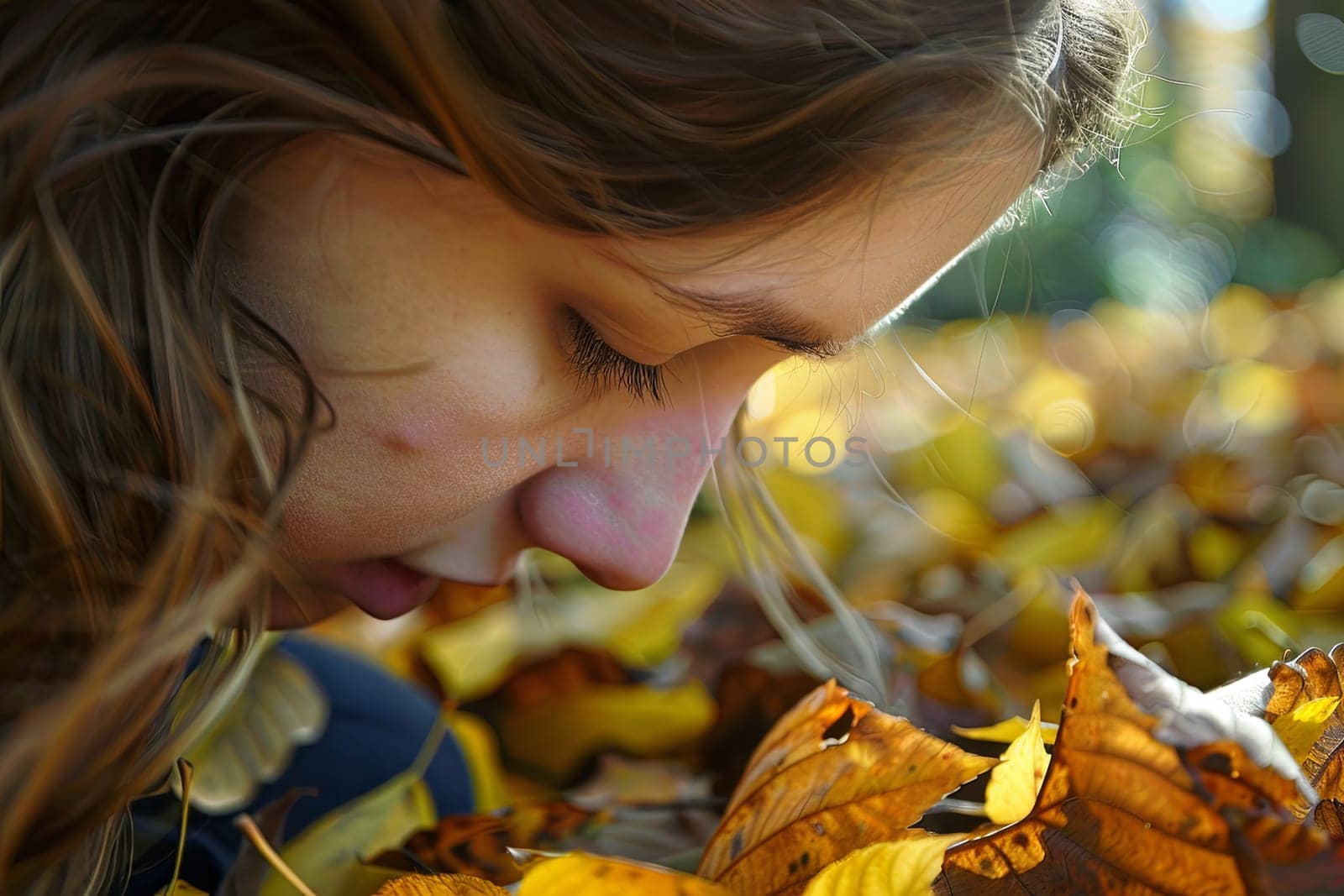 A candid moment captured as a young girl stands in contemplation, looking down at the fallen leaves scattered around her feet.