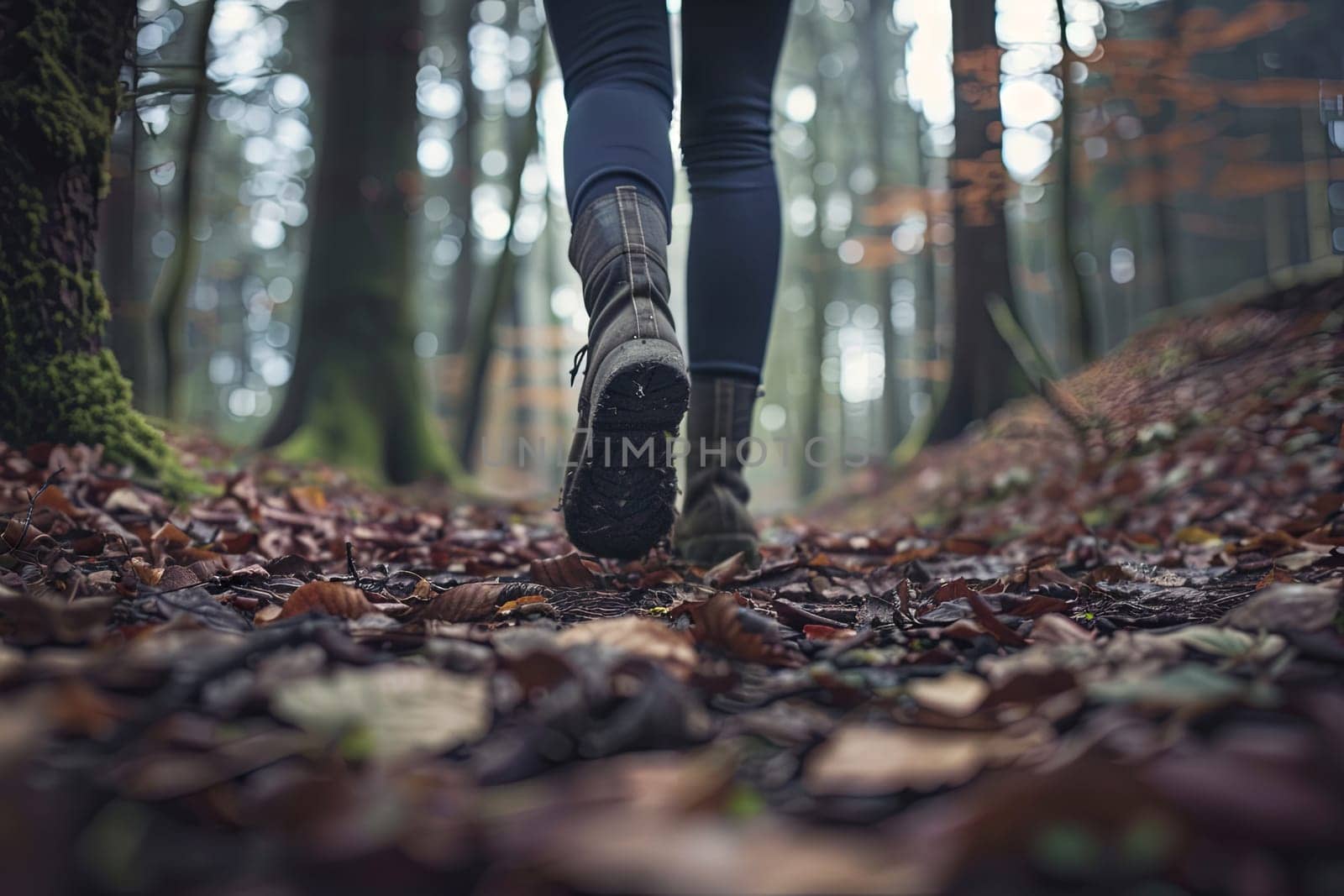 A person is walking through a dense forest, with fallen leaves covering the ground. The individuals figure is surrounded by tall trees and sunlight peeking through the foliage.