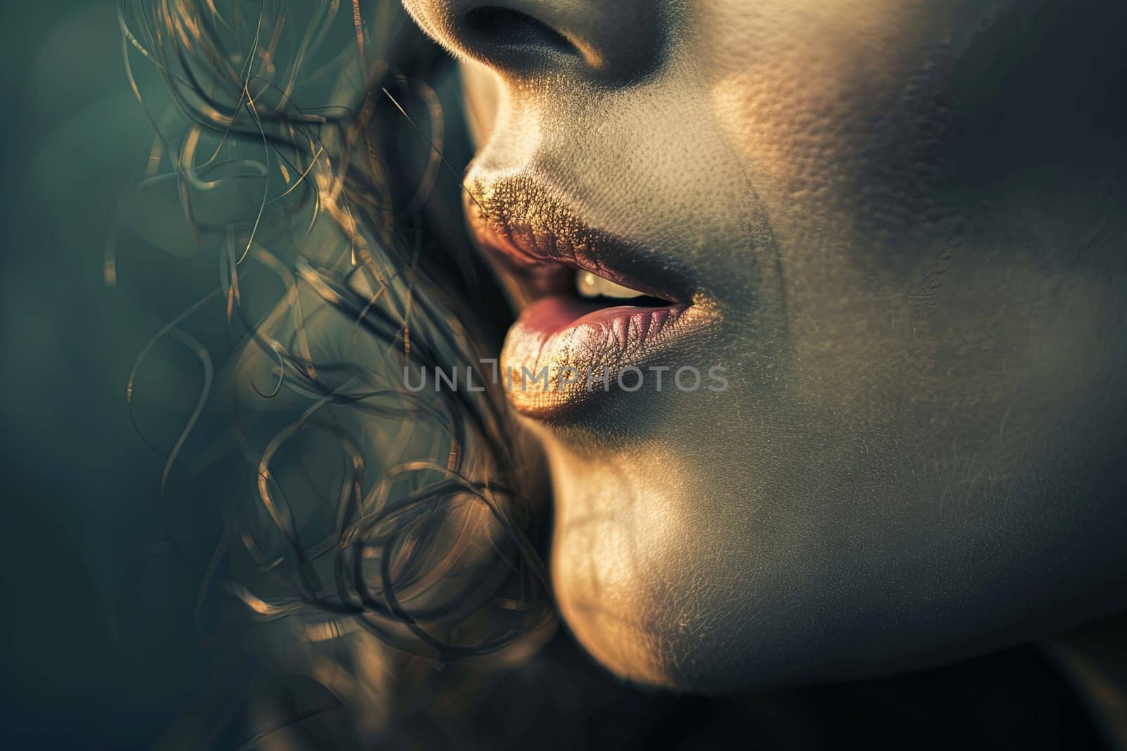A close-up view of a womans face with her hair blowing in the wind, showing her features and the movement of her hair against the background.