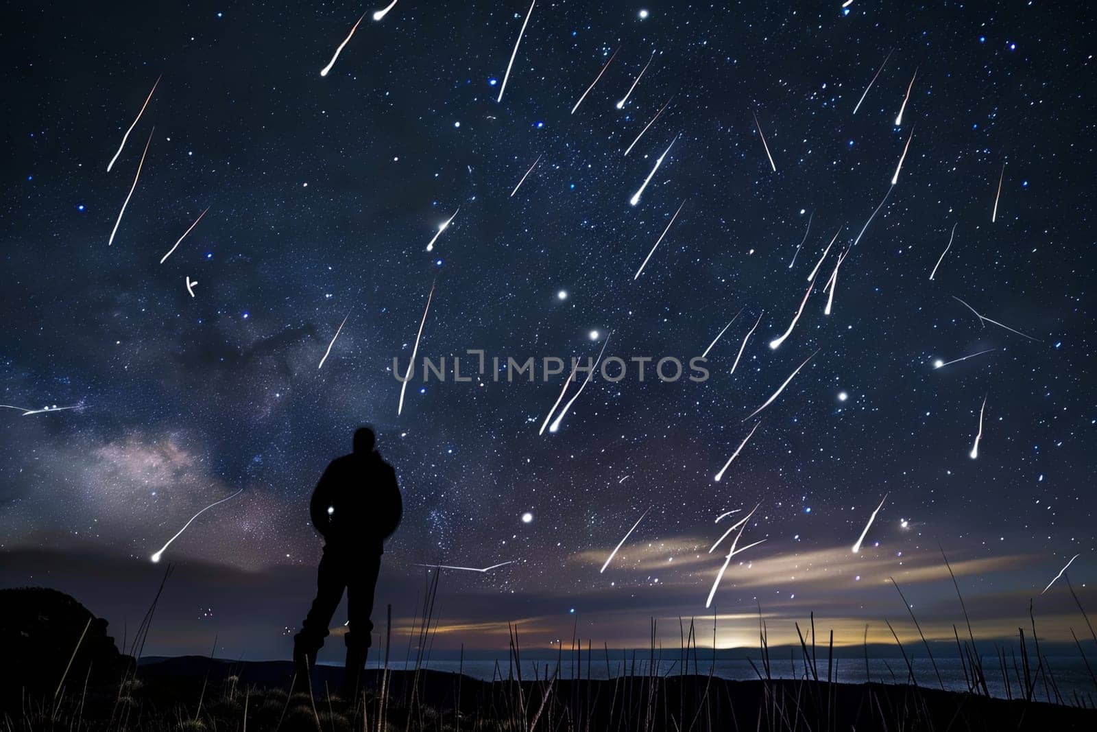 A man stands confidently atop a hill, gazing up at the star-filled night sky. The stars twinkle overhead, casting a soft glow on the landscape below.
