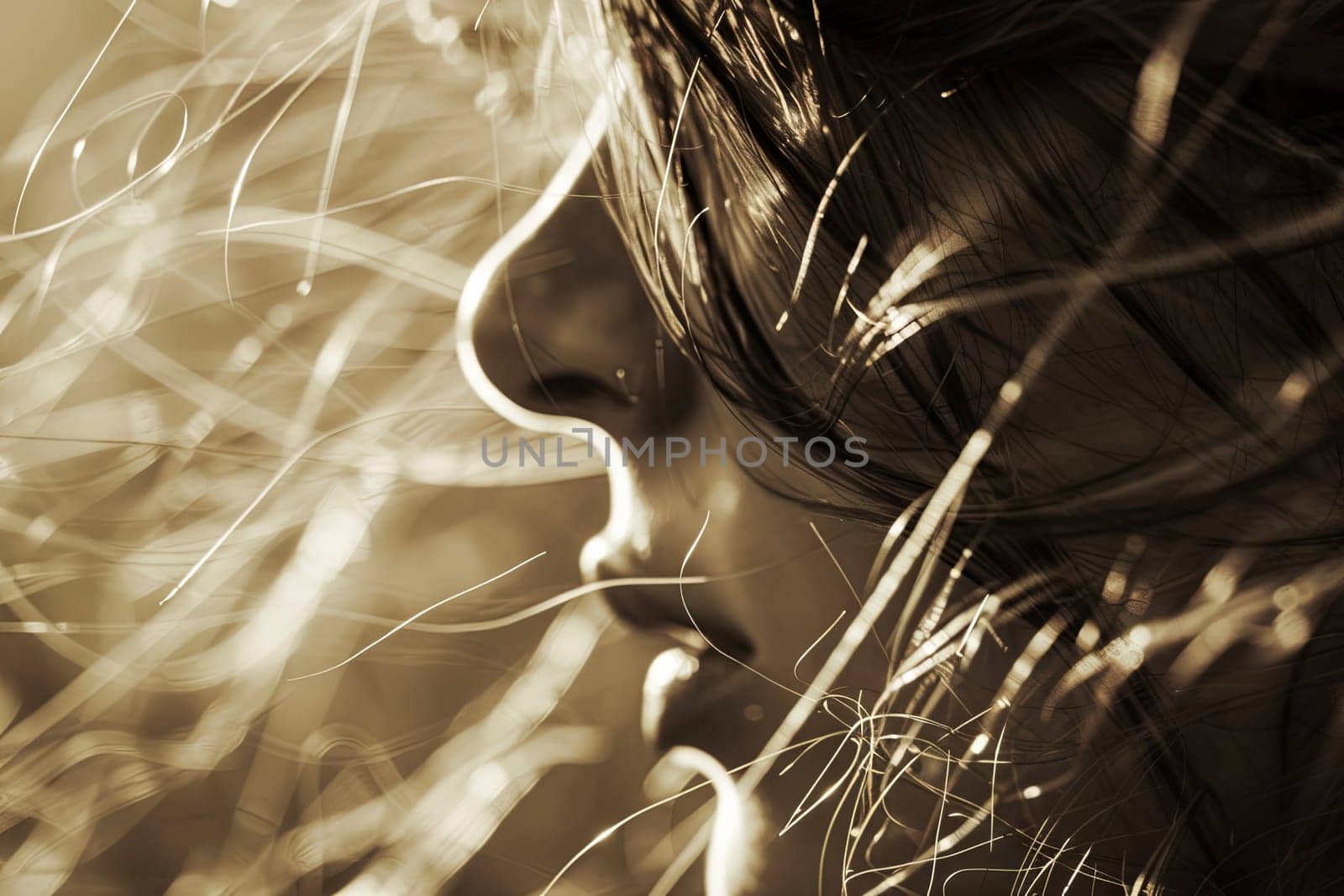 A woman standing outdoors with long hair flowing in the wind. Her hair is being tousled and swept back by the breeze as she looks into the distance.